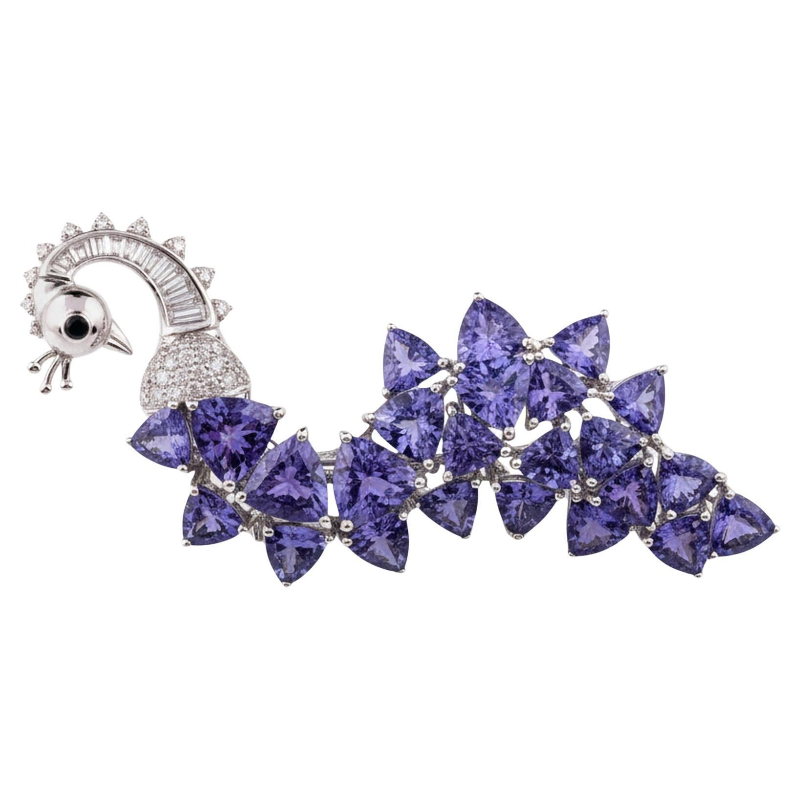 Natural Diamond Tanzanite & Blue Sapphire Peacock Brooch 14k White Gold For Sale
