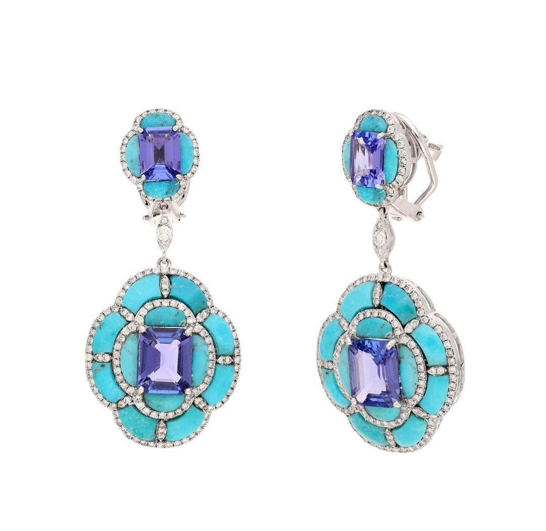 Art Deco Natural diamond & tanzanite earring with turquoise in 18k