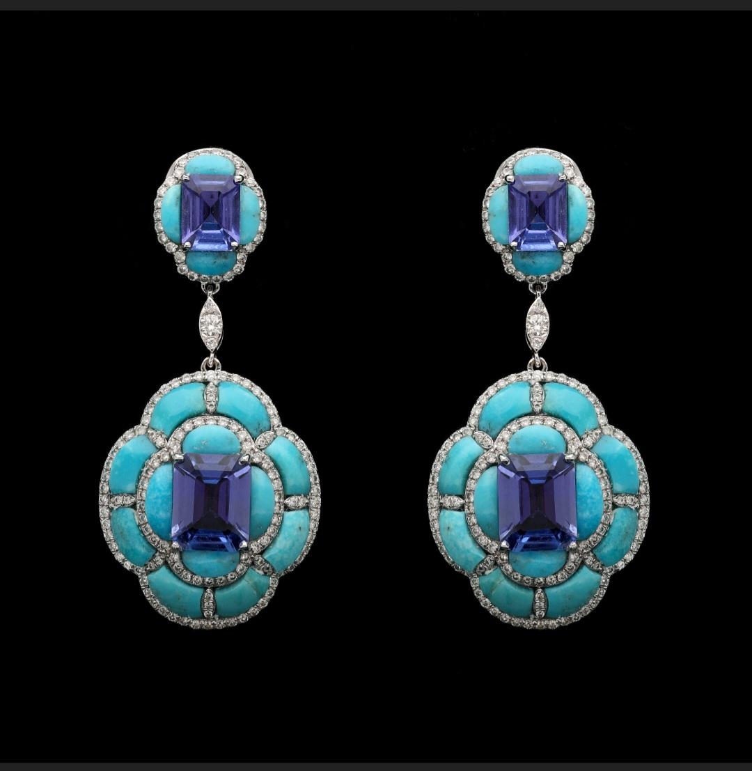 Antique Cushion Cut Natural diamond & tanzanite earring with turquoise in 18k