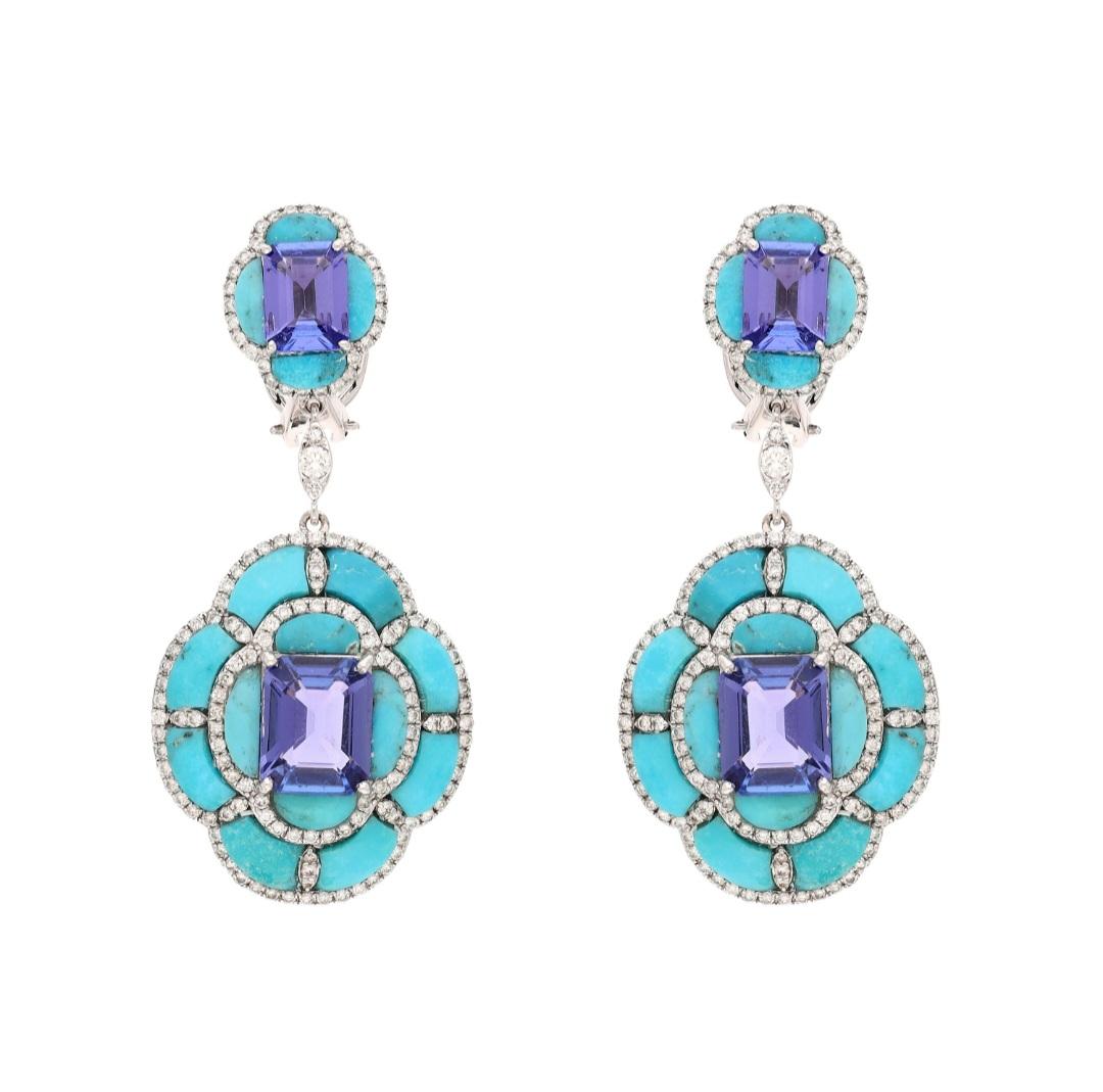 Natural diamond & tanzanite earring with turquoise in 18k In New Condition In jaipur, IN