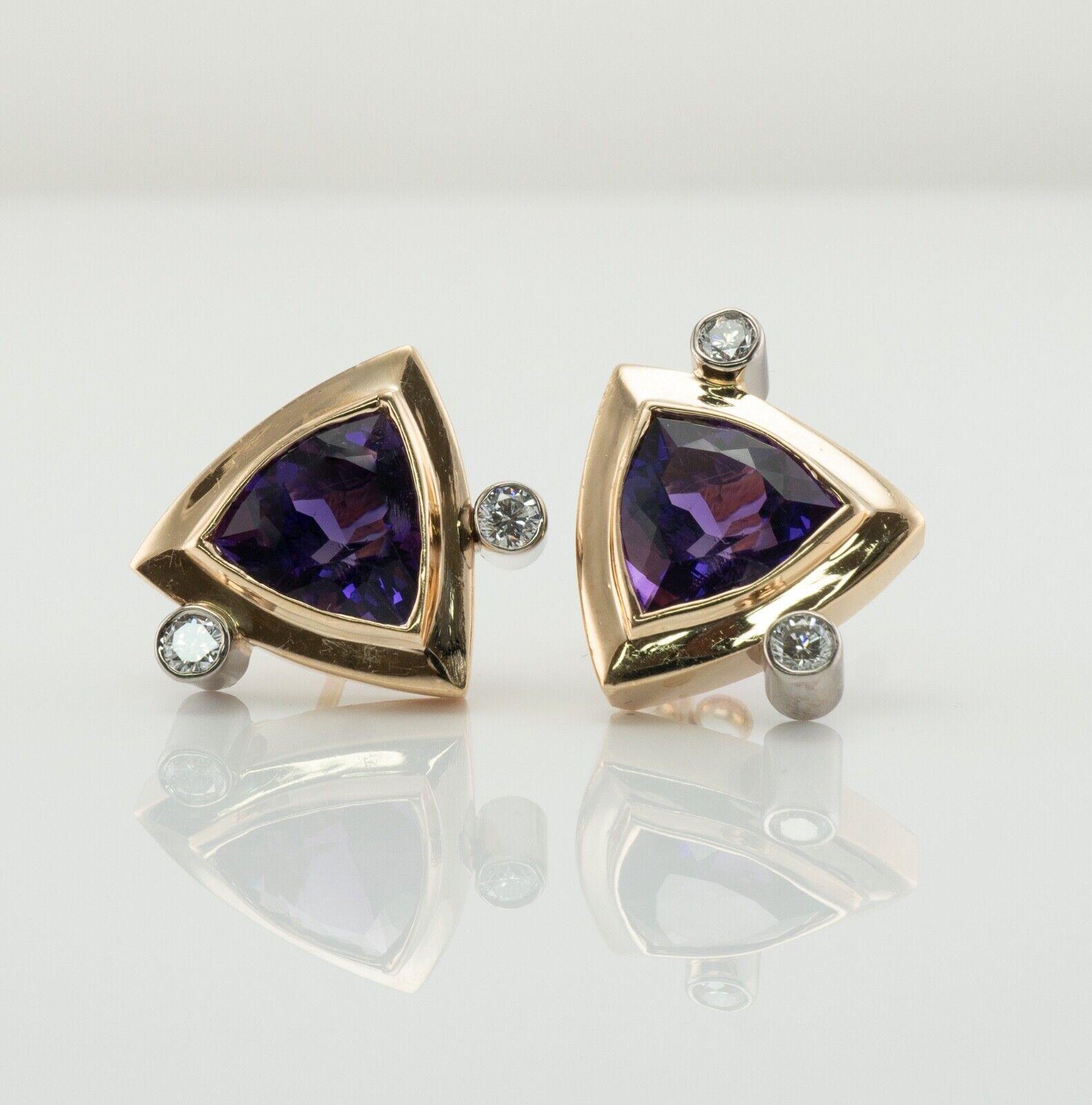 Natural Diamond Trillion Amethyst Earrings 14K Yellow Gold For Sale 5