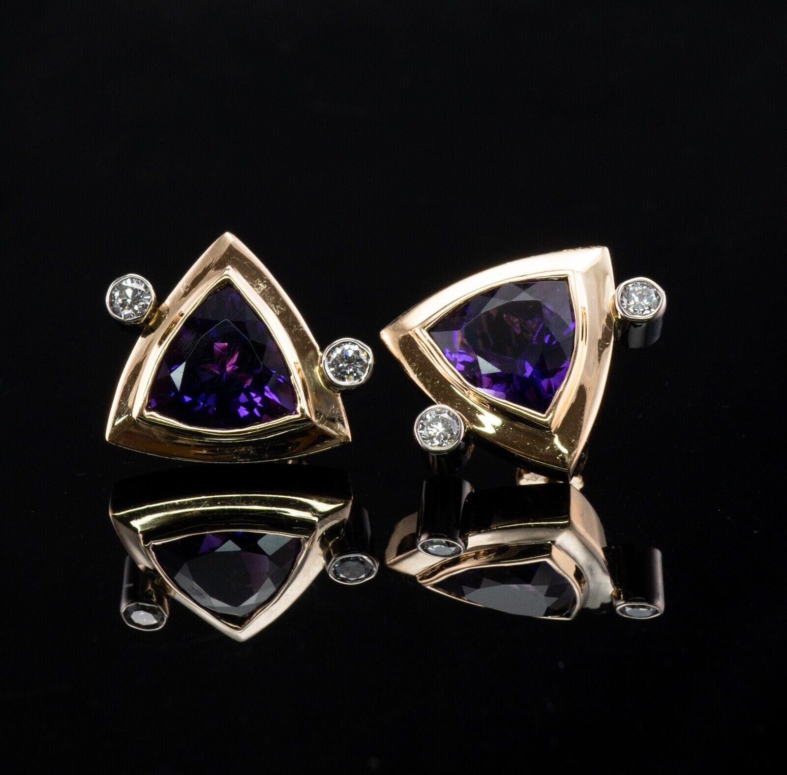 Trillion Cut Natural Diamond Trillion Amethyst Earrings 14K Yellow Gold For Sale