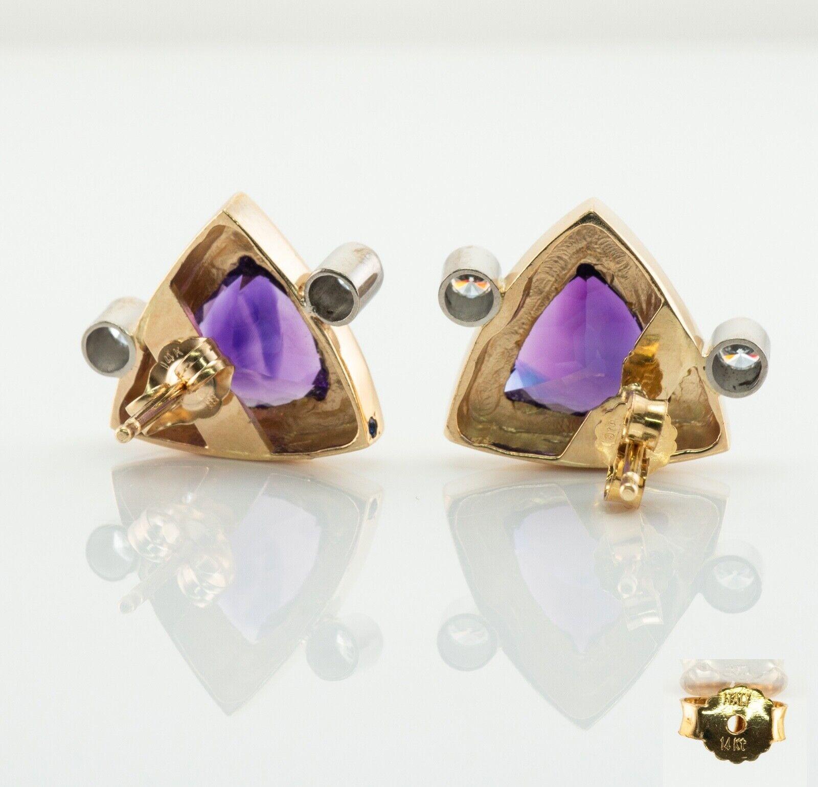 Natural Diamond Trillion Amethyst Earrings 14K Yellow Gold In Good Condition For Sale In East Brunswick, NJ