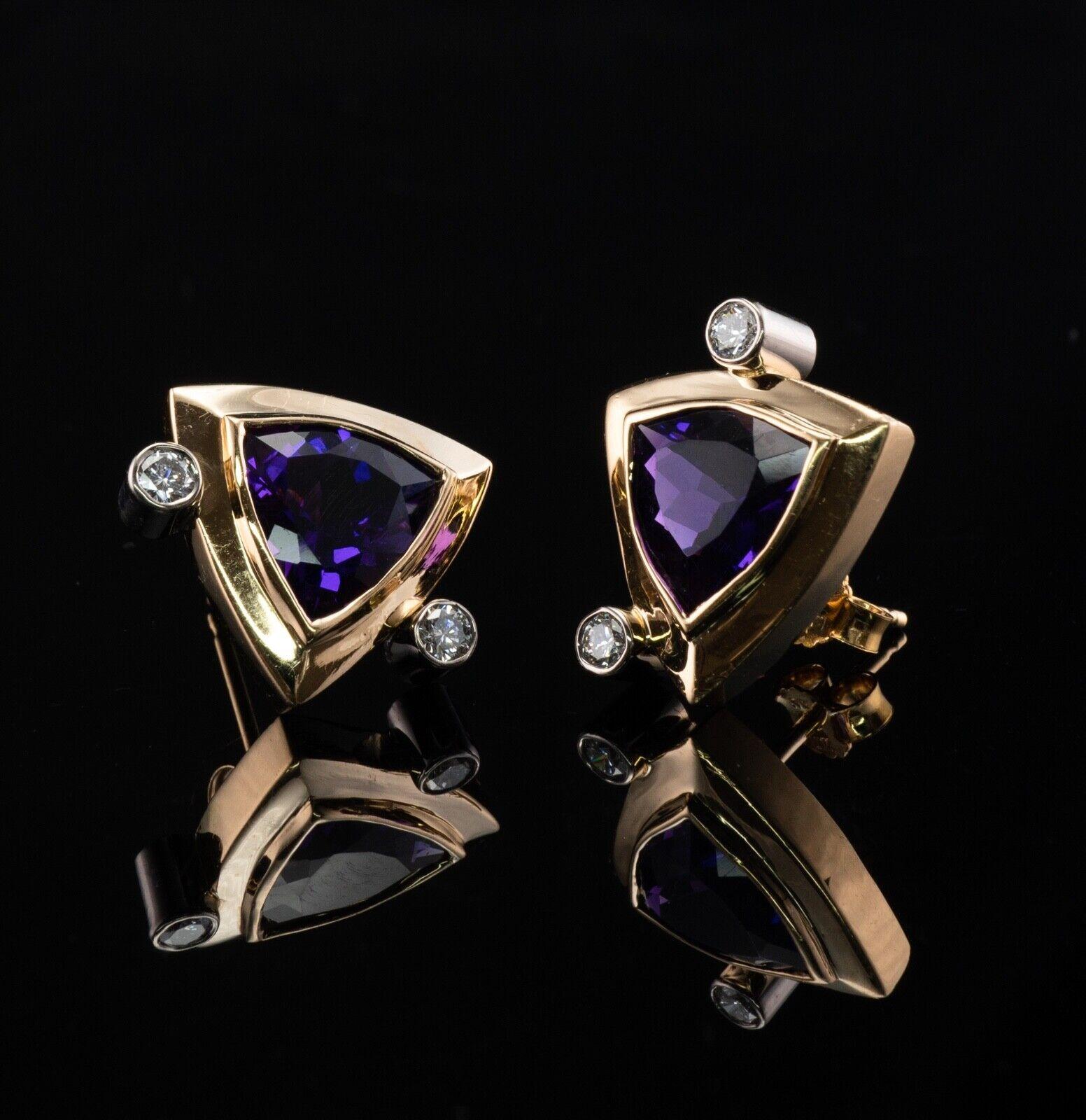 Women's Natural Diamond Trillion Amethyst Earrings 14K Yellow Gold For Sale