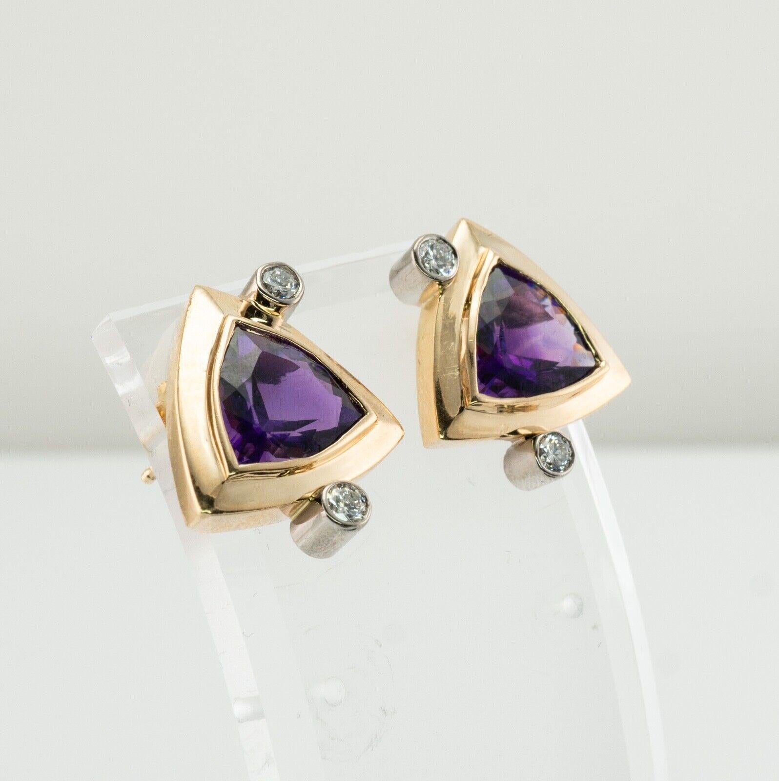Natural Diamond Trillion Amethyst Earrings 14K Yellow Gold For Sale 3