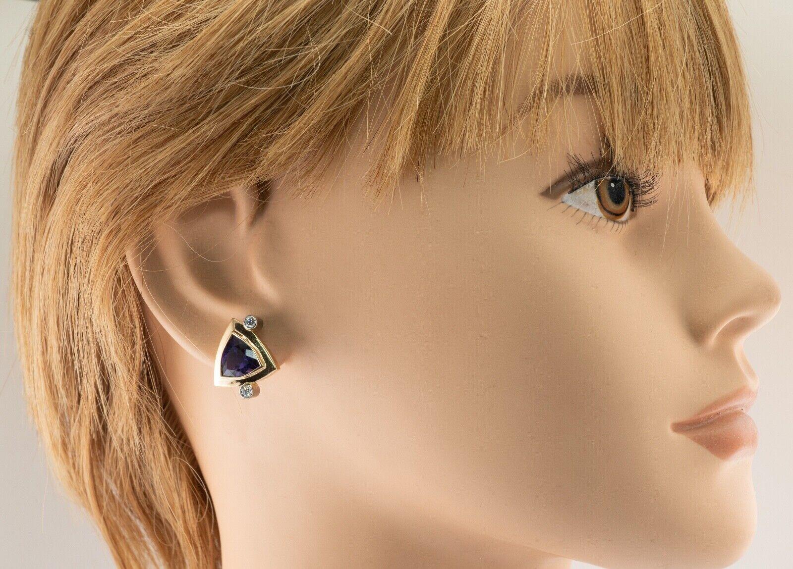 Natural Diamond Trillion Amethyst Earrings 14K Yellow Gold For Sale 4