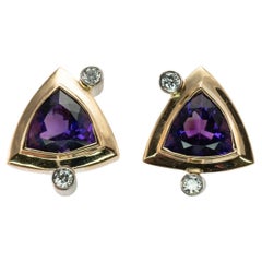 Natürliche Diamant Trillion Amethyst-Ohrringe 14K Gelbgold