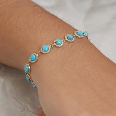 Bracelet tennis en or 14 carats avec diamants naturels et pierres précieuses de turquoise – Bijoux haut de gamme – 6,5"