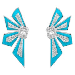 Natural Diamond Turquoise Gemstone Spider Earrings 18 Karat White Gold Jewelry