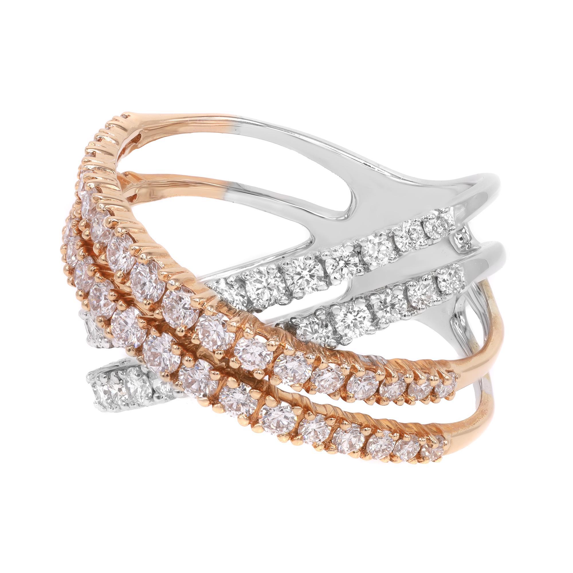 Presenting a luxury and bold two tone crisscross design natural diamond ring crafted in 18k rose gold and white gold. This fancy ring is highlighted with 1.96 cttw of dazzling white round cut diamonds with G-H color and VS-SI clarity. Ring size is