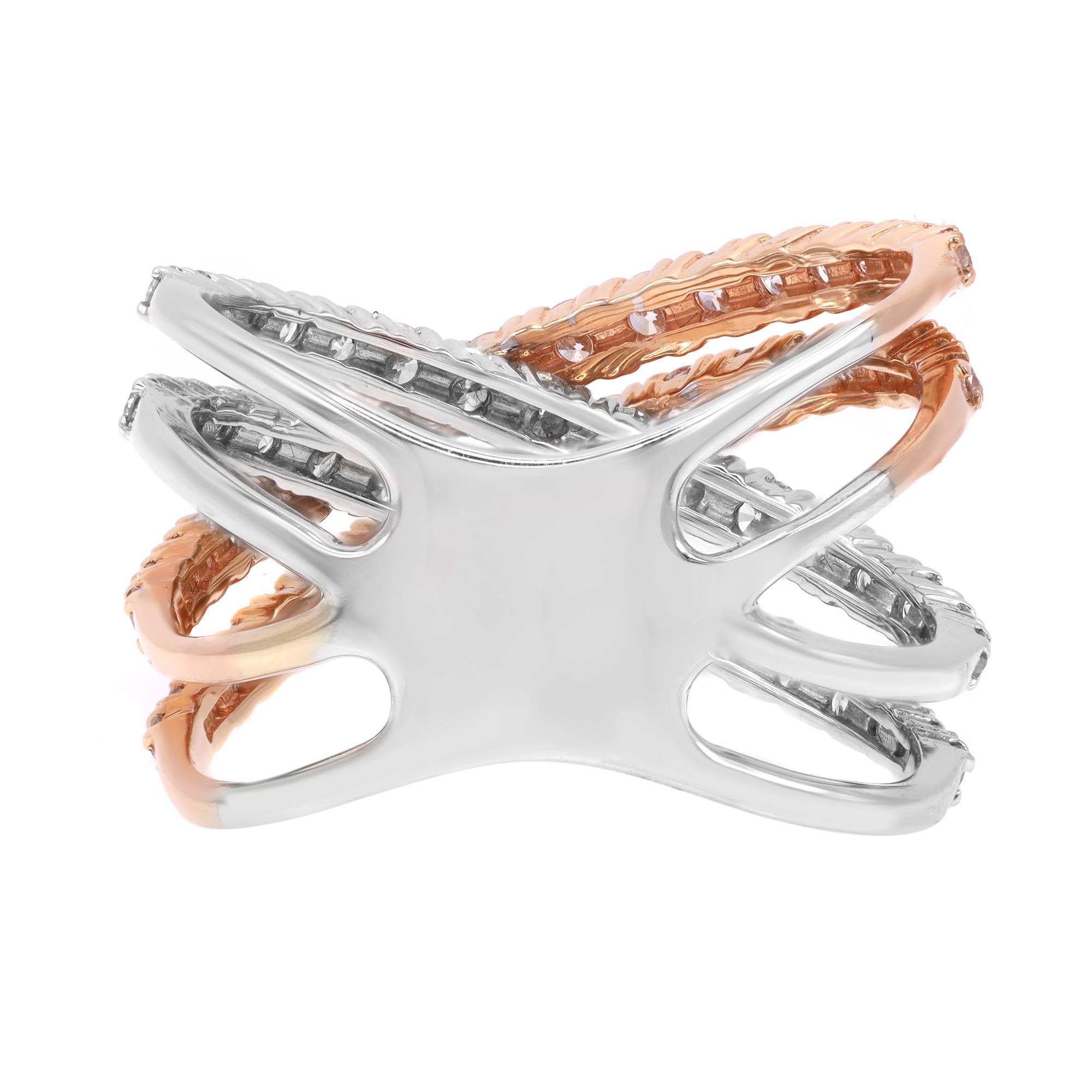 Modern Natural Diamond Two Tone Crisscross Ring 18K White & Rose Gold 1.96Cttw For Sale