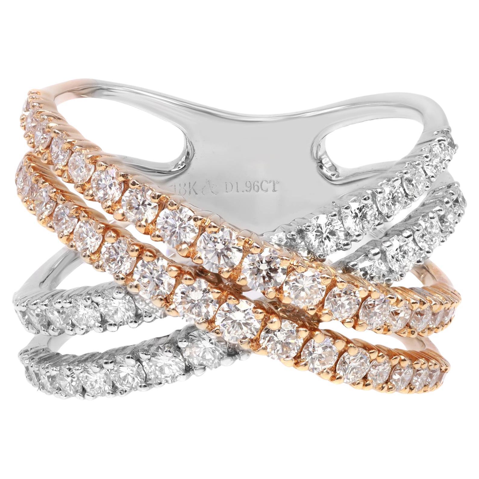 Natural Diamond Two Tone Crisscross Ring 18K White & Rose Gold 1.96Cttw For Sale