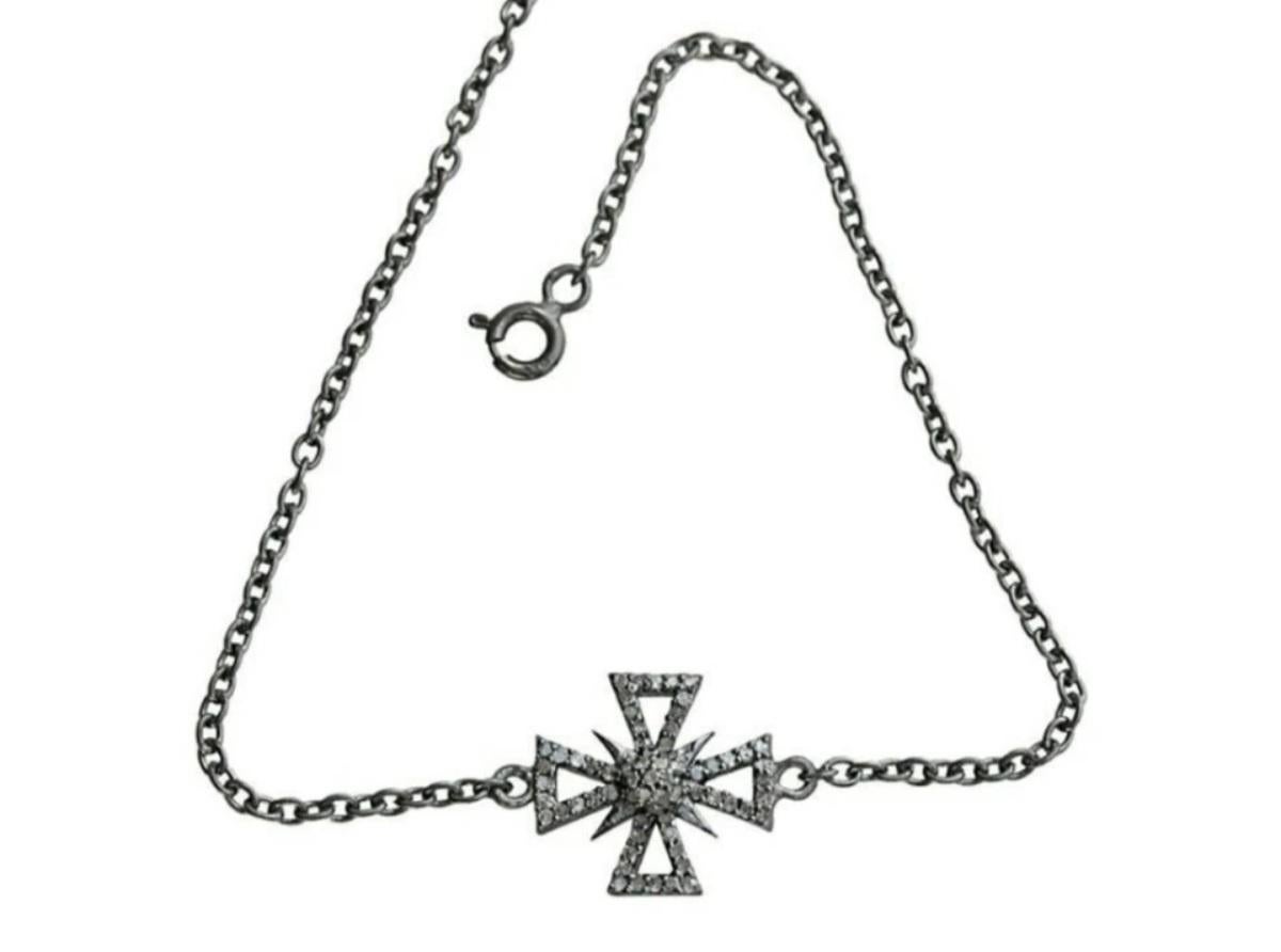 Pulsera de cadena con conector de plata de ley 925 con diamantes naturales de aspecto victoriano. en venta 2