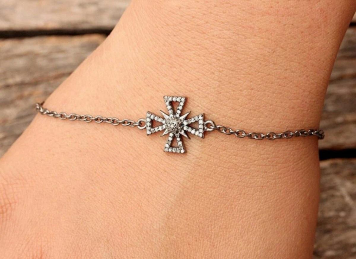 Pulsera de cadena con conector de plata de ley 925 con diamantes naturales de aspecto victoriano. en venta 3