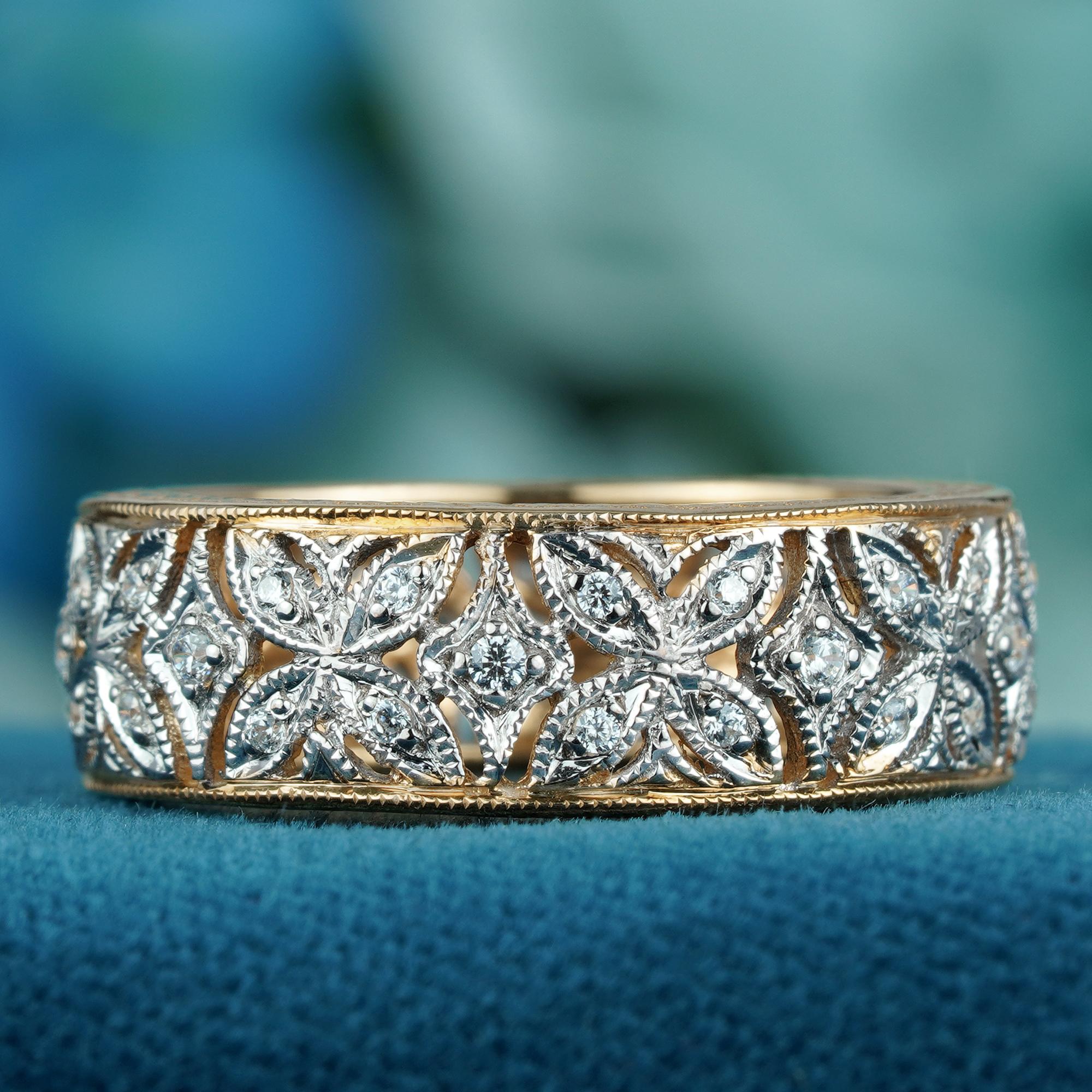 For Sale:  Natural Diamond Vintage Stye Floral Filigree Band Ring in Solid 9K Two Tone Gold 2
