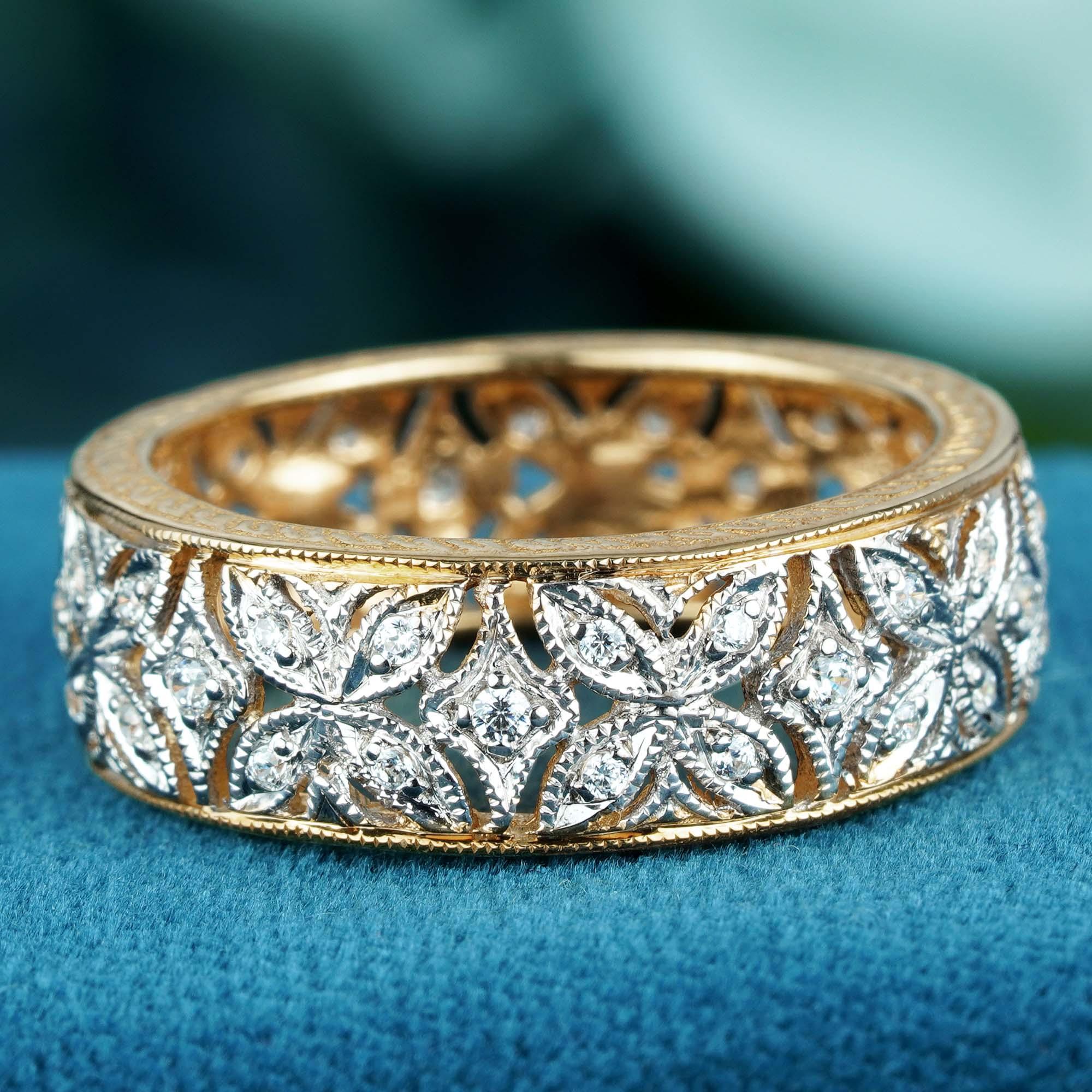 For Sale:  Natural Diamond Vintage Stye Floral Filigree Band Ring in Solid 9K Two Tone Gold 3