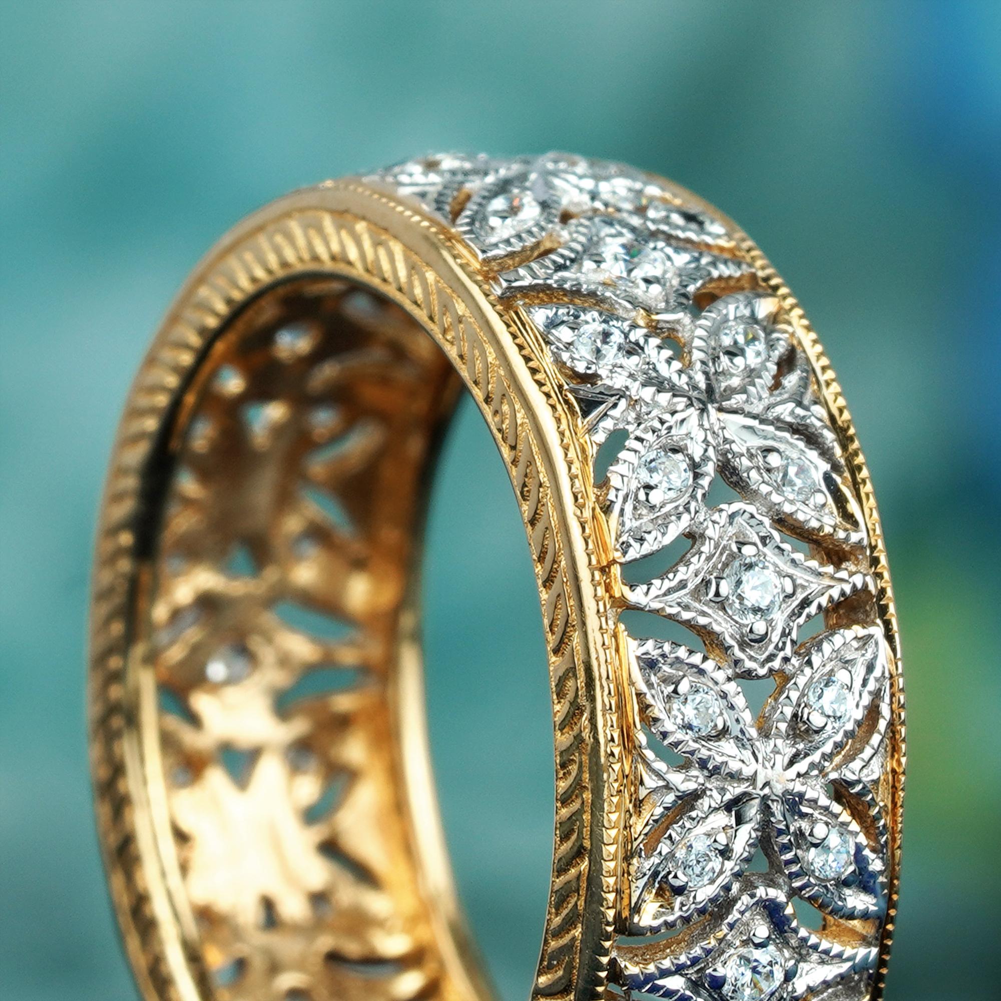 For Sale:  Natural Diamond Vintage Stye Floral Filigree Band Ring in Solid 9K Two Tone Gold 5