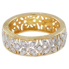 Natural Diamond Vintage Stye Floral Filigree Band Ring in Solid 9K Two Tone Gold
