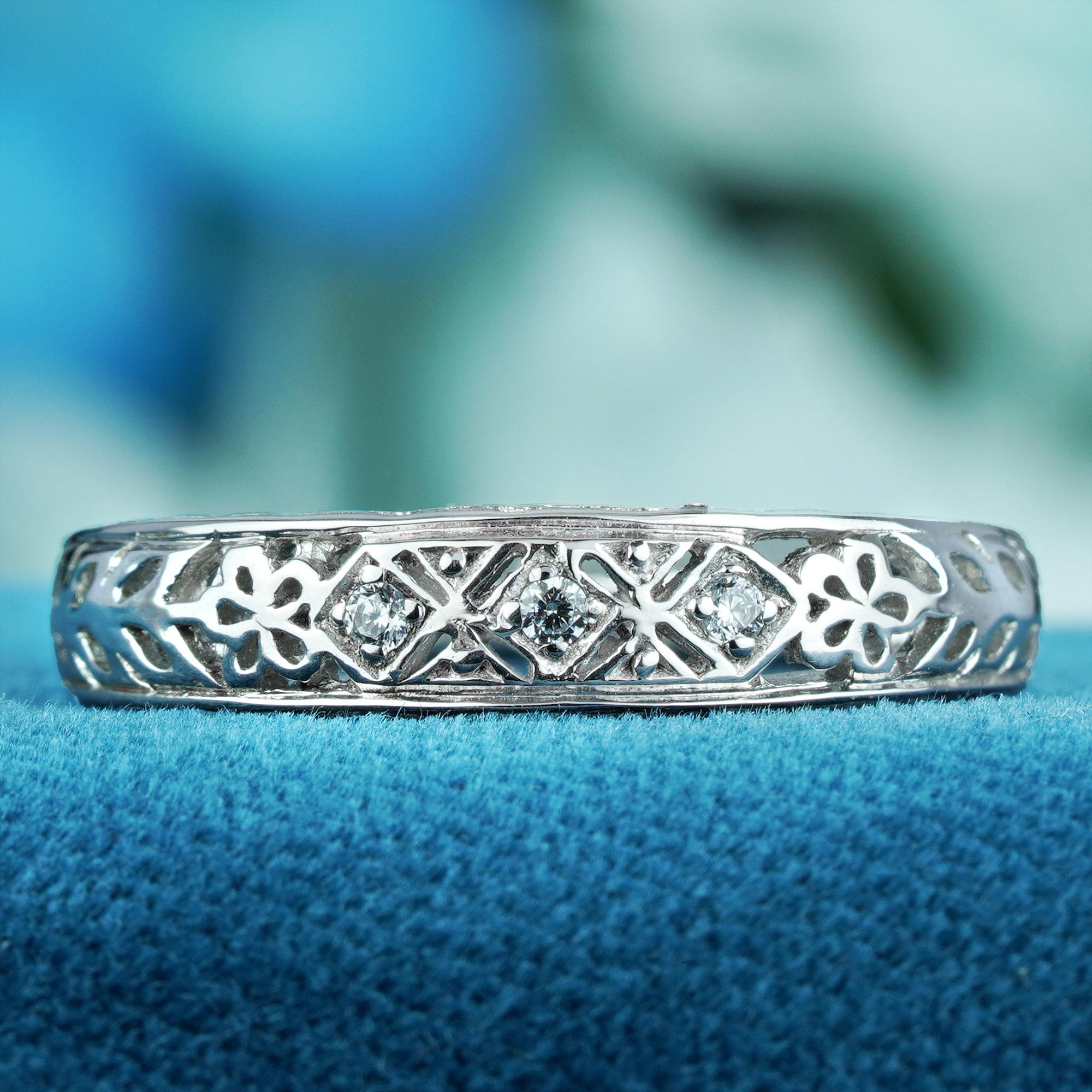 For Sale:  Natural Diamond Vintage Stye Floral Filigree Band Ring in Solid 9K White Gold 2