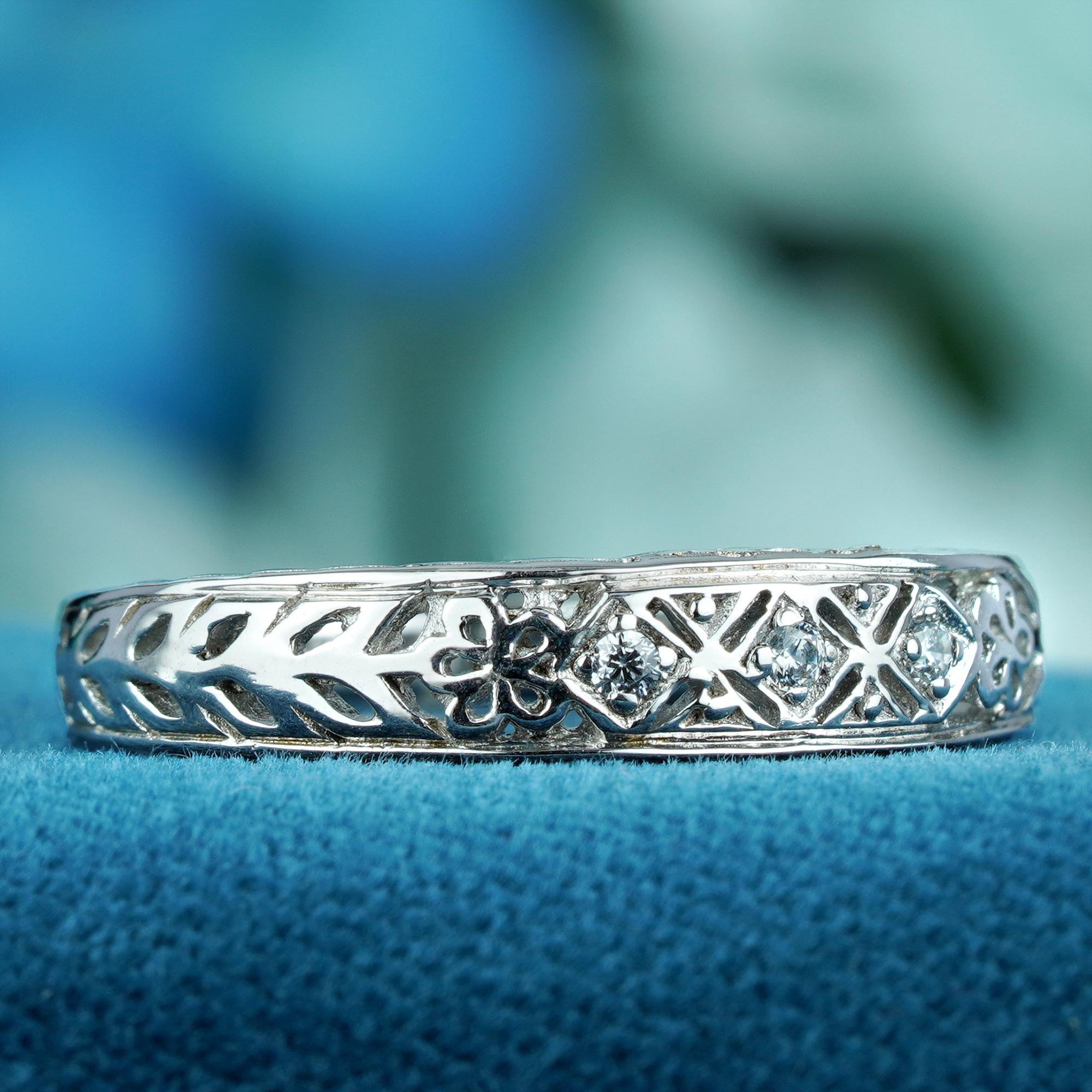 For Sale:  Natural Diamond Vintage Stye Floral Filigree Band Ring in Solid 9K White Gold 3