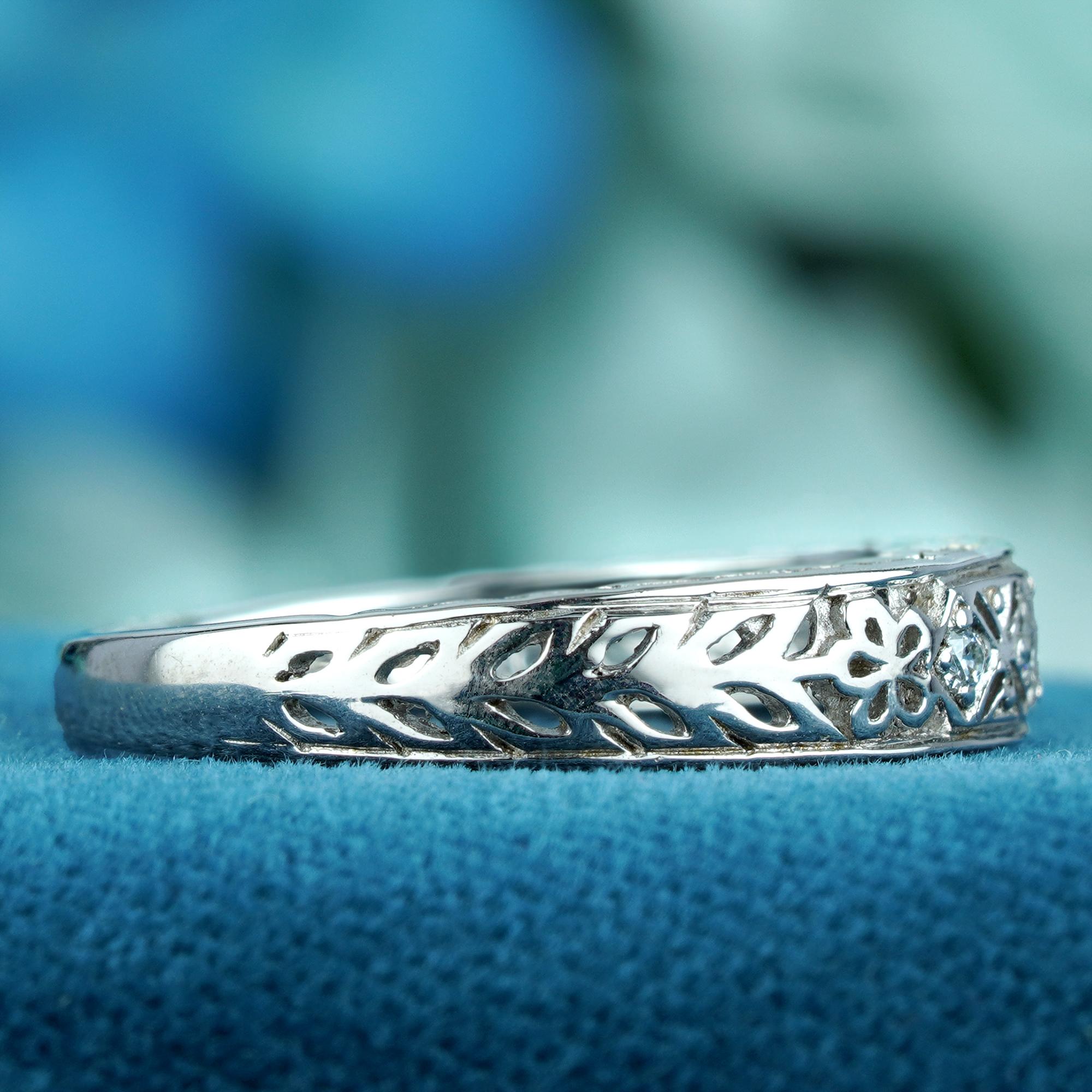 For Sale:  Natural Diamond Vintage Stye Floral Filigree Band Ring in Solid 9K White Gold 4