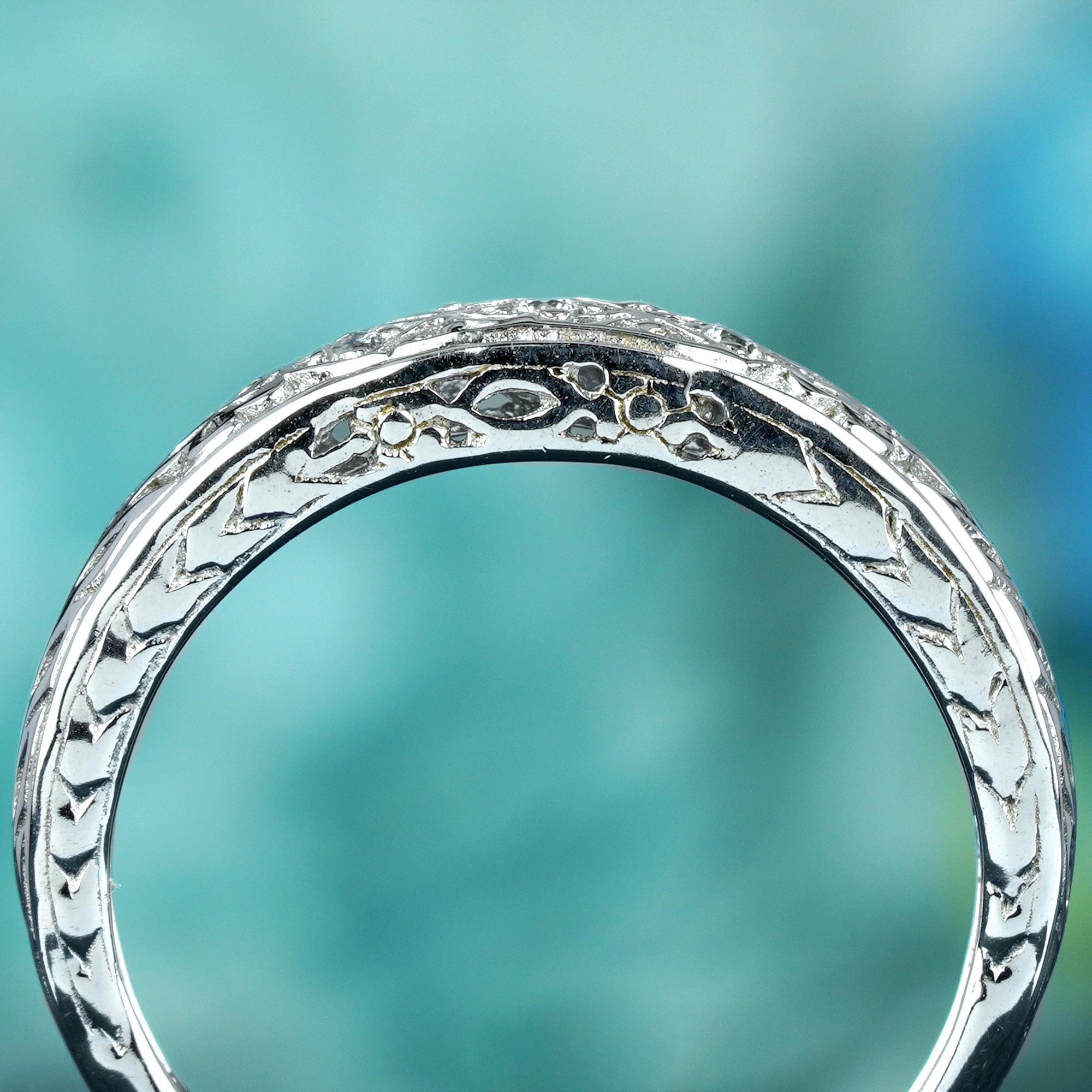 For Sale:  Natural Diamond Vintage Stye Floral Filigree Band Ring in Solid 9K White Gold 5