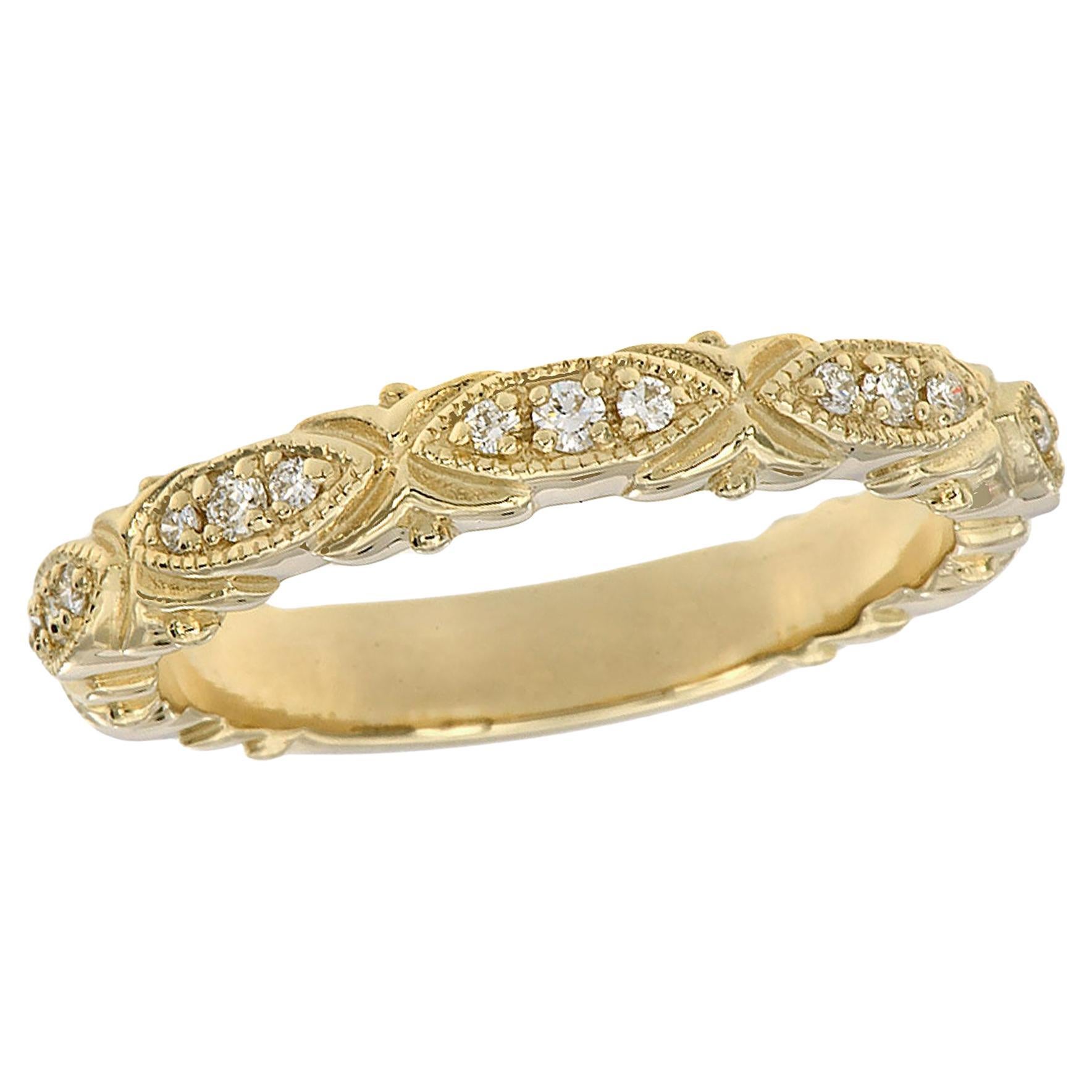 Natural Diamond Vintage Style Band Ring in Solid 9K Yellow Gold For Sale
