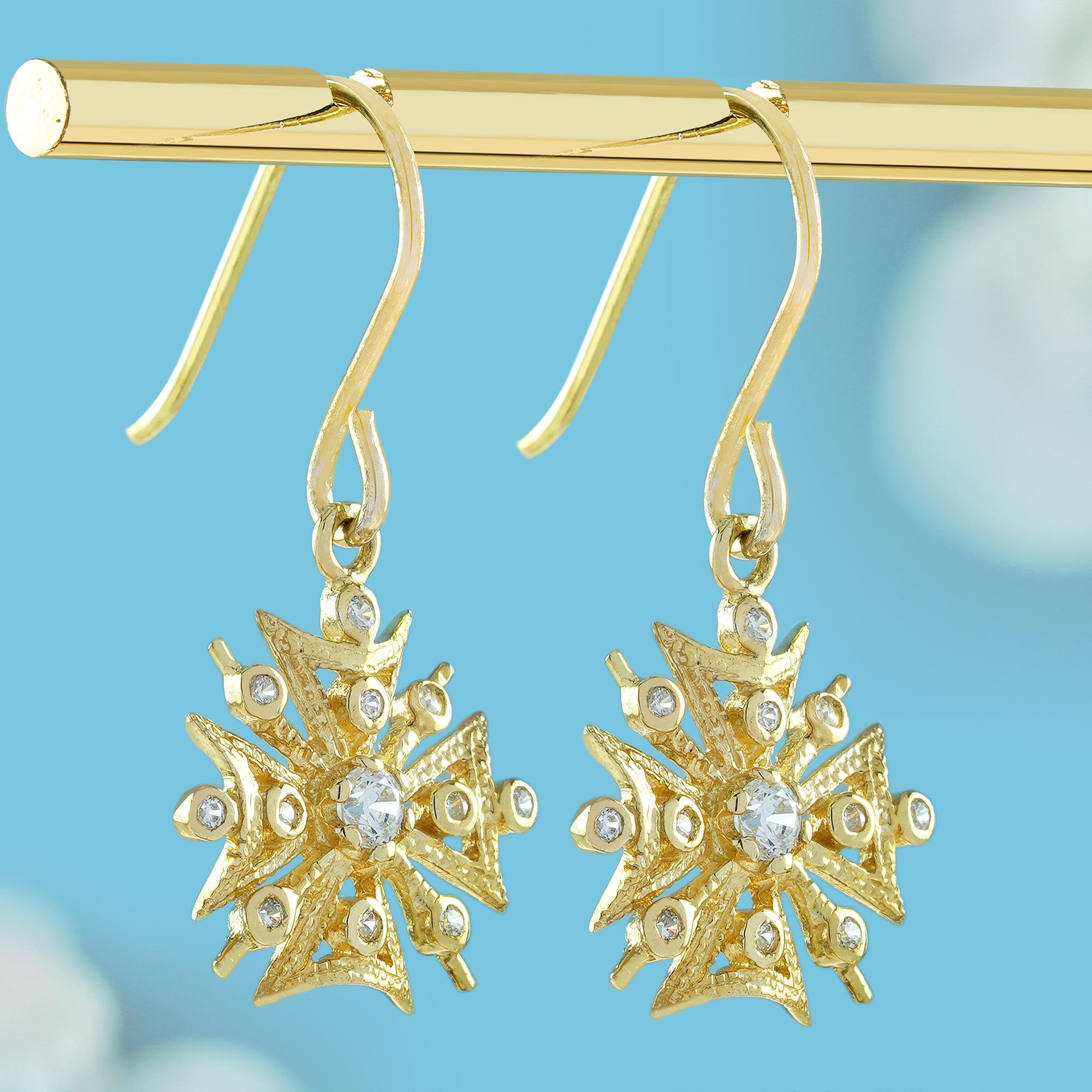 Natürliche Diamant-Tropfen-Ohrringe im Vintage-Stil aus massivem 9K Gelbgold (Edwardian) im Angebot