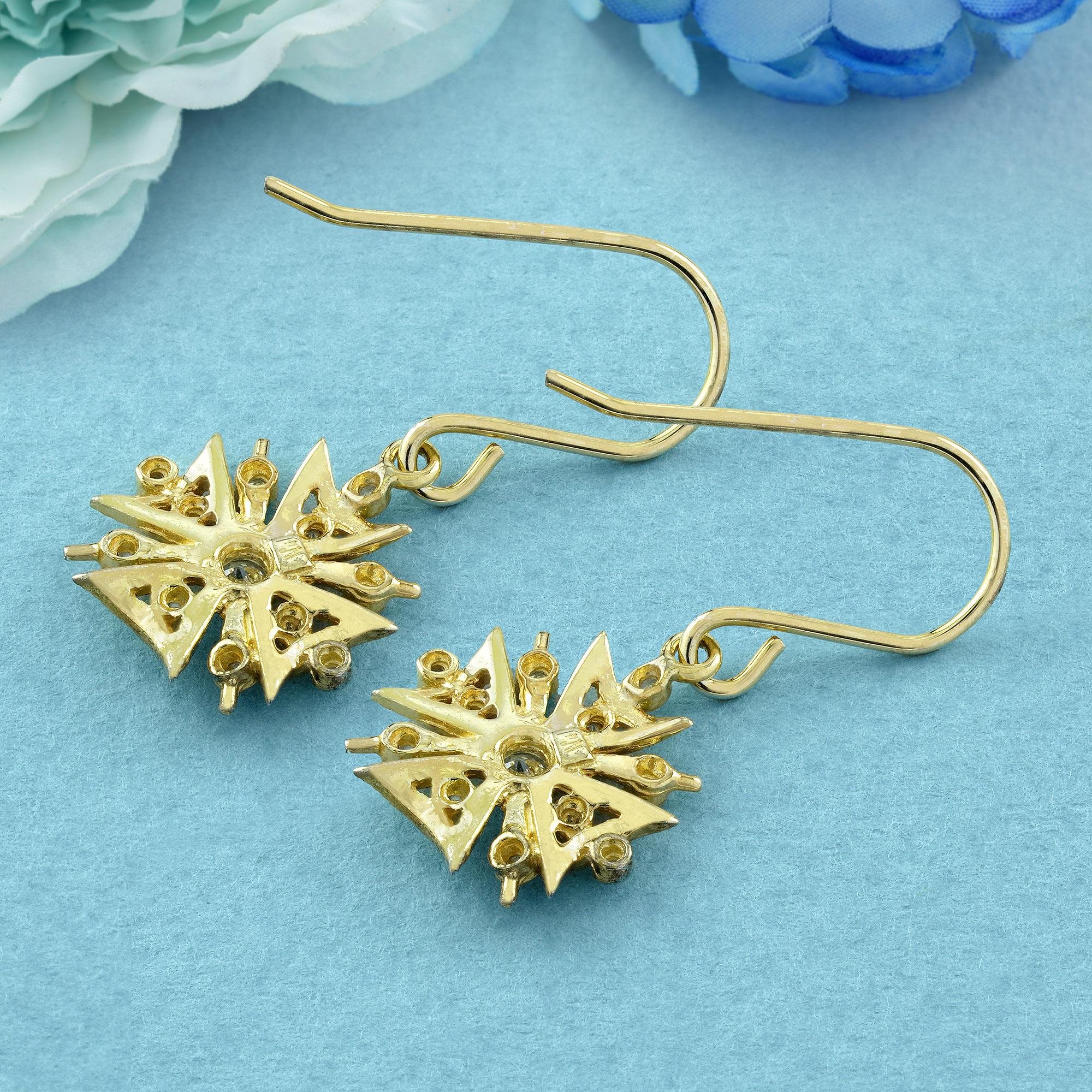 Natürliche Diamant-Tropfen-Ohrringe im Vintage-Stil aus massivem 9K Gelbgold (Rundschliff) im Angebot