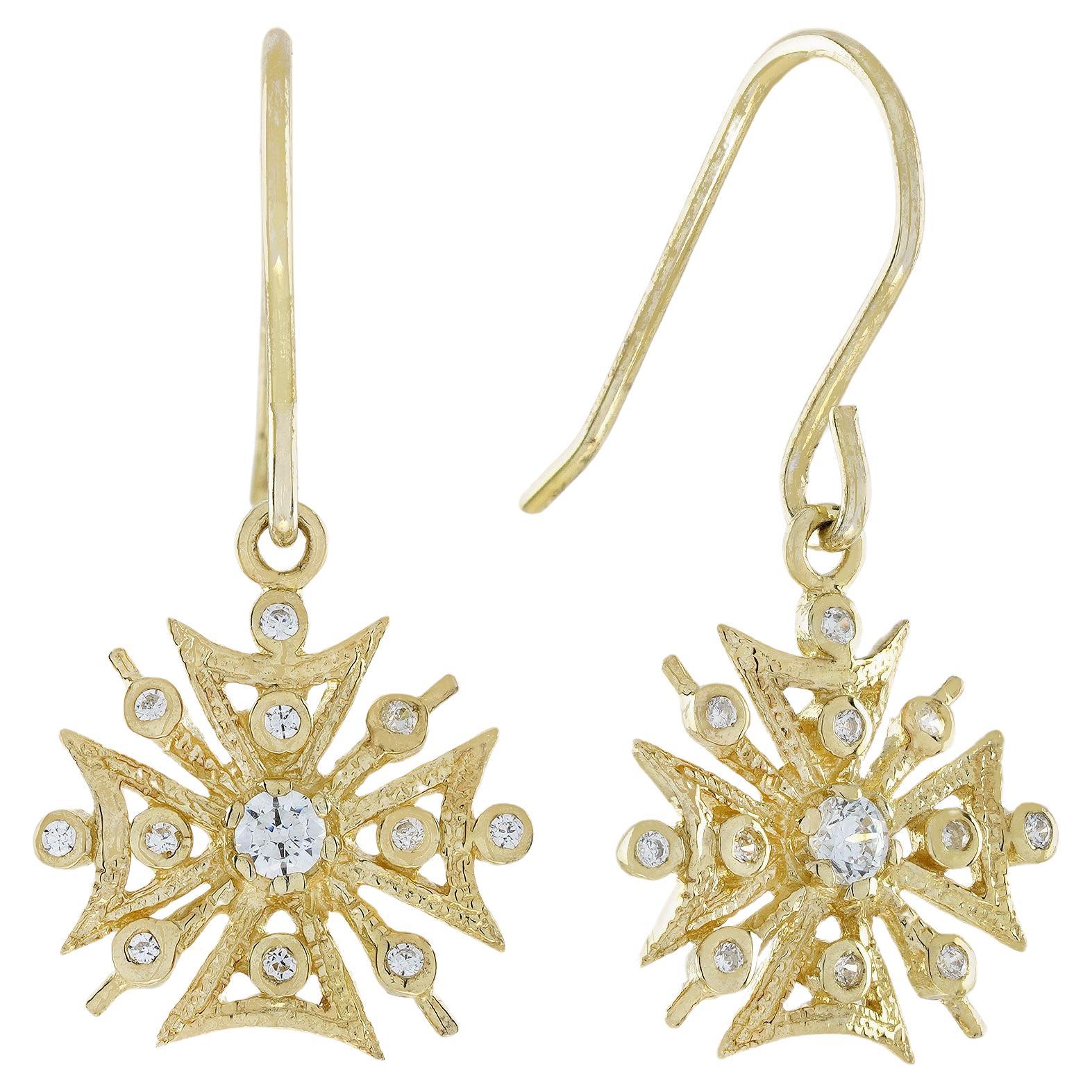 Boucles d'oreilles pendantes en or jaune 9K avec diamant naturel de style vintage