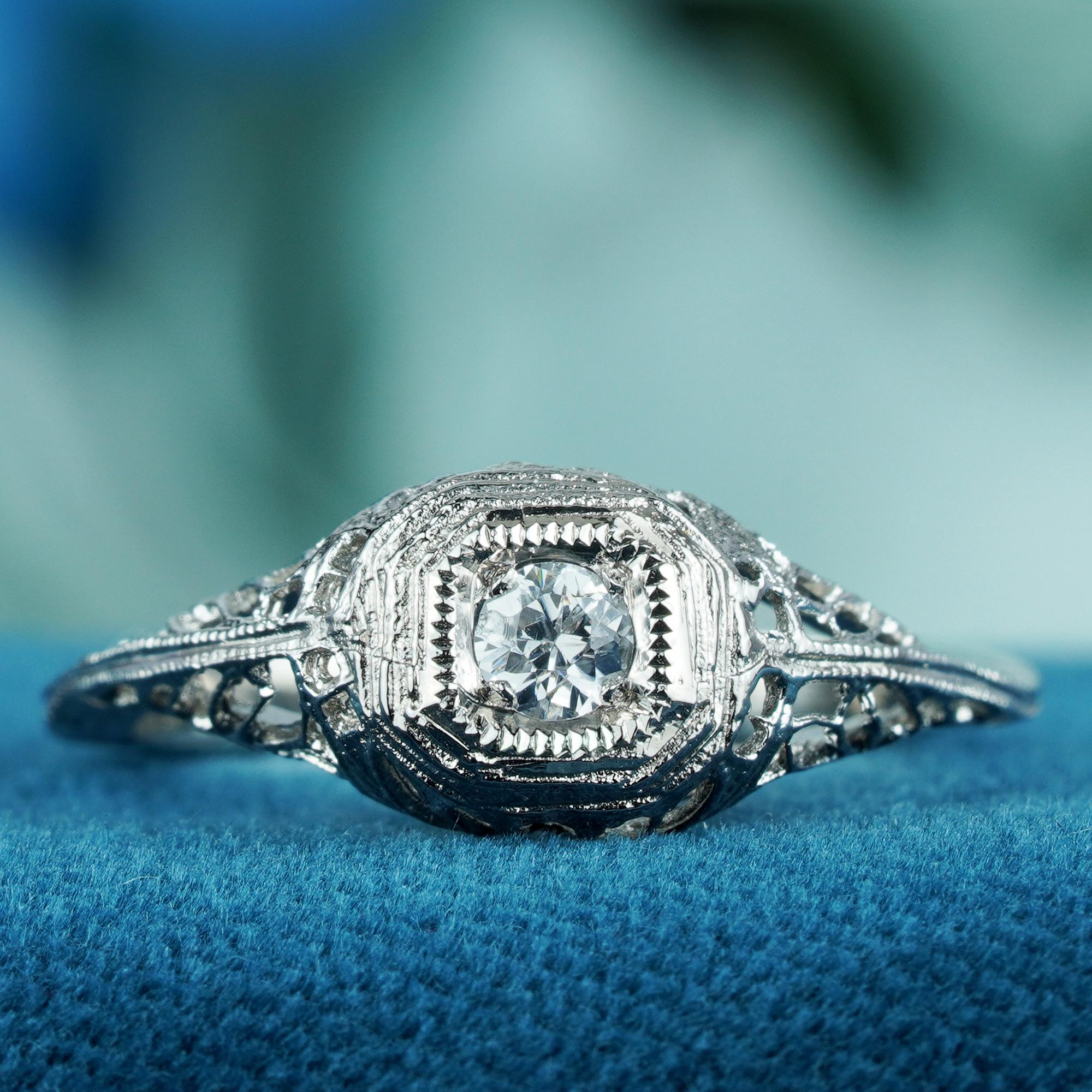 For Sale:  Natural Diamond Vintage Style Filigree Engagement Ring in 9K White Gold 3