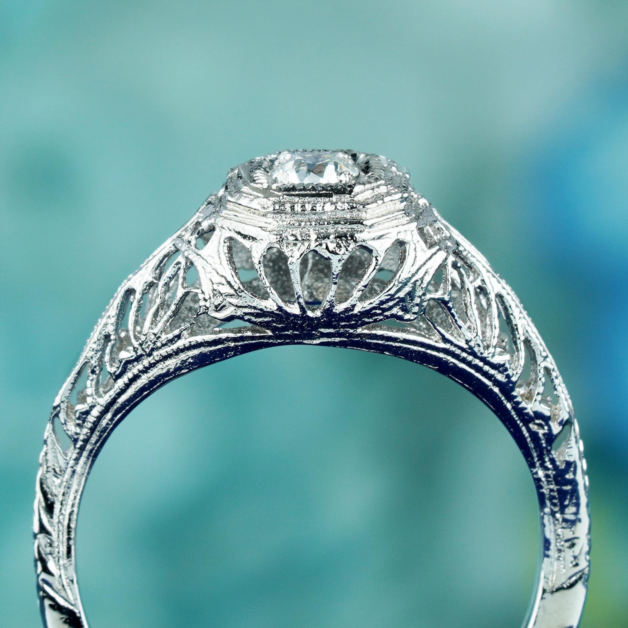For Sale:  Natural Diamond Vintage Style Filigree Engagement Ring in 9K White Gold 5