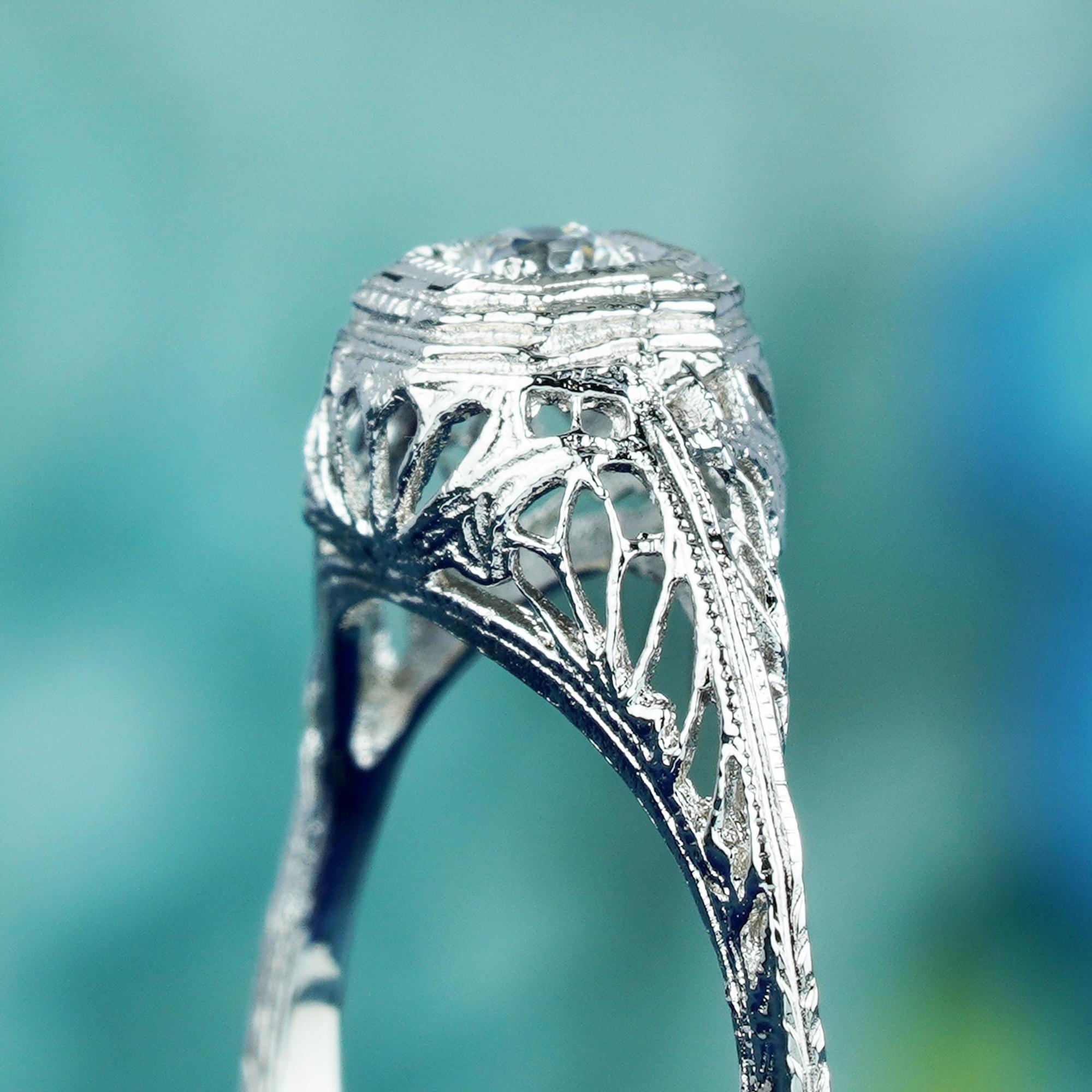 For Sale:  Natural Diamond Vintage Style Filigree Engagement Ring in 9K White Gold 6