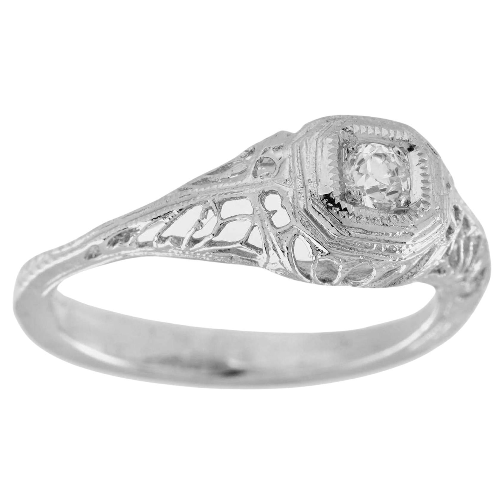 For Sale:  Natural Diamond Vintage Style Filigree Engagement Ring in 9K White Gold