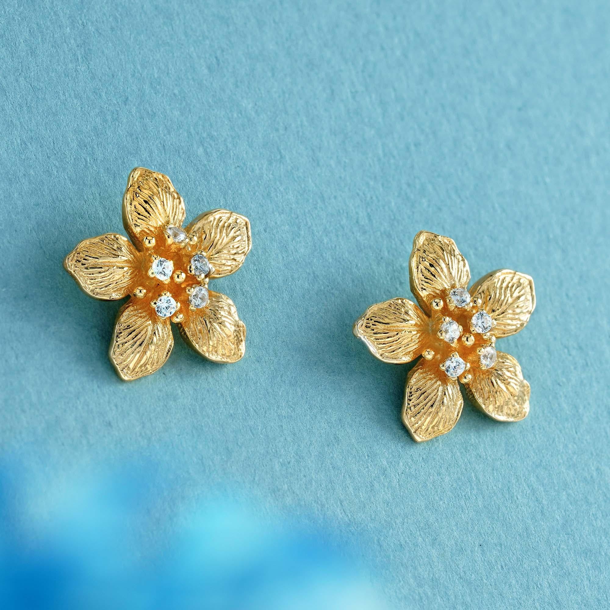 Victorian Natural Diamond Vintage Style Floral Stud Earrings in 9K Yellow Gold For Sale