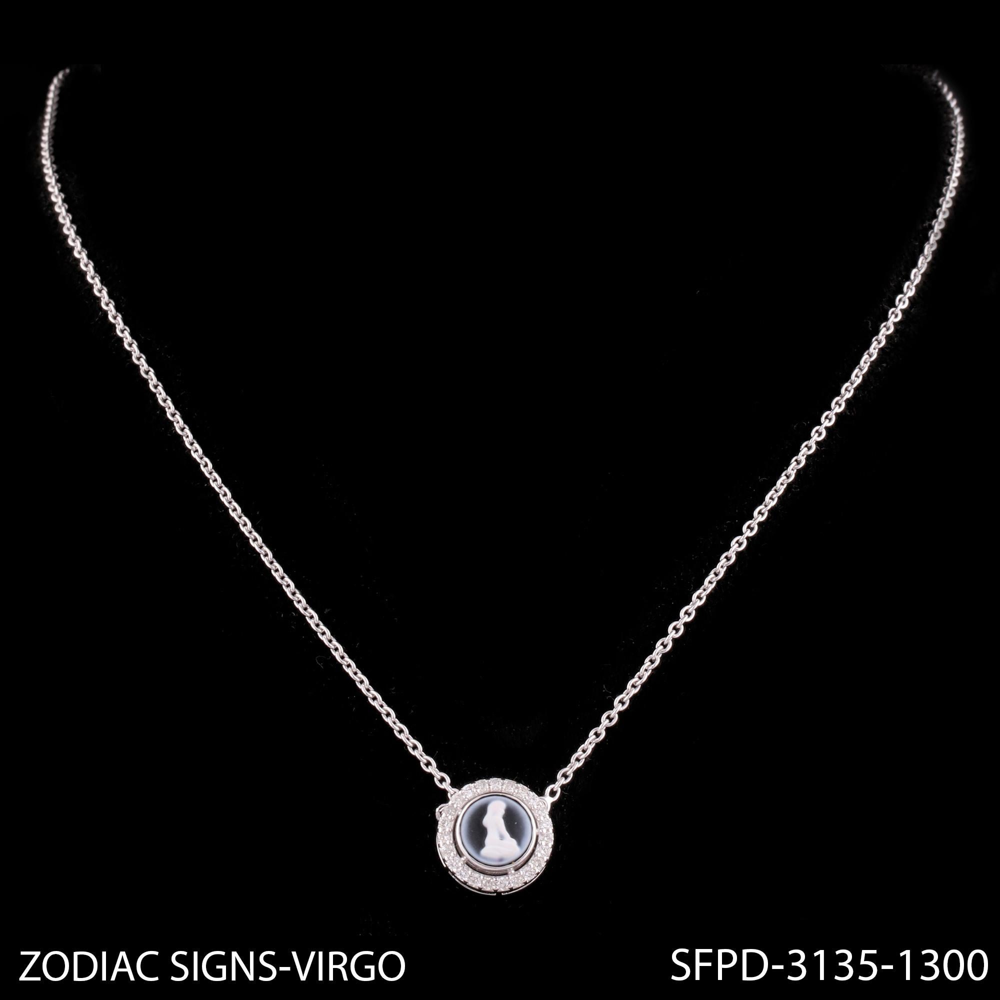 Modern Natural Diamond Virgo Zodiac Sign Charm Pendant Gemstone Necklace 14k White Gold For Sale