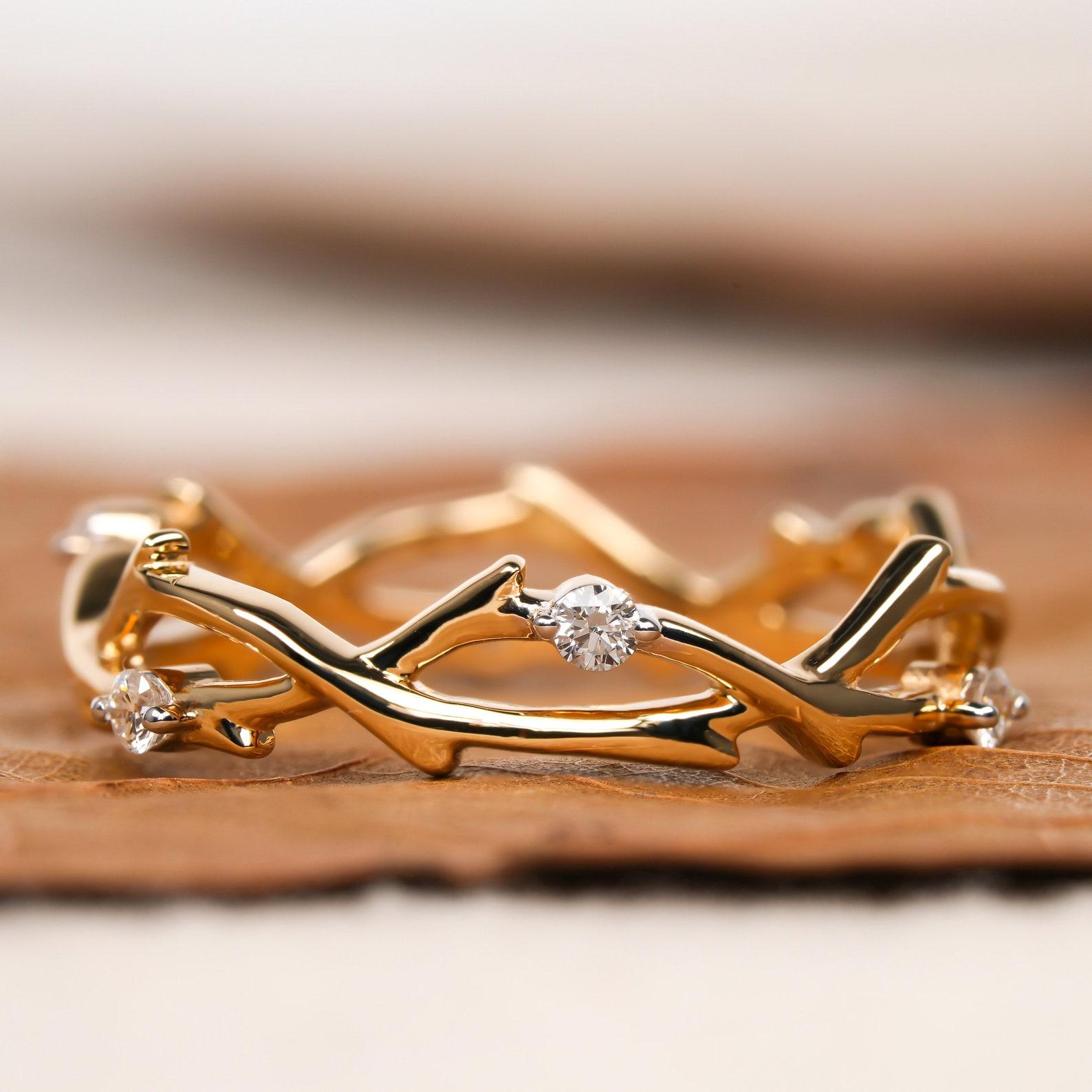 Natural Diamond Wedding Band 14k Gold Minimalist Twig Engagement Ring For Women. For Sale 1