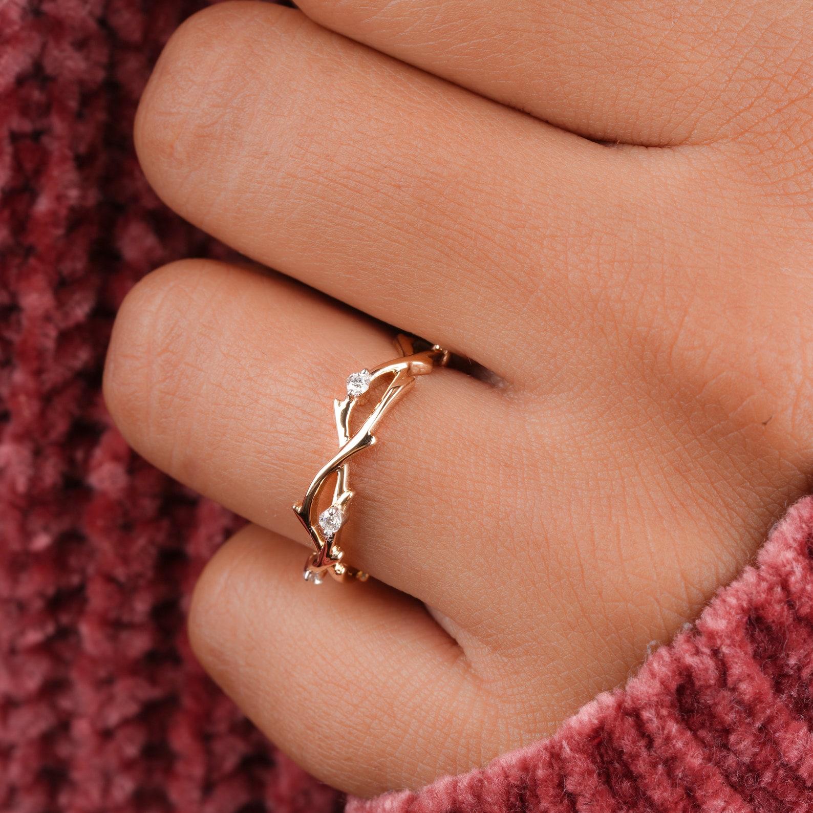 Natural Diamond Wedding Band 14k Gold Minimalist Twig Engagement Ring For Women. For Sale 2
