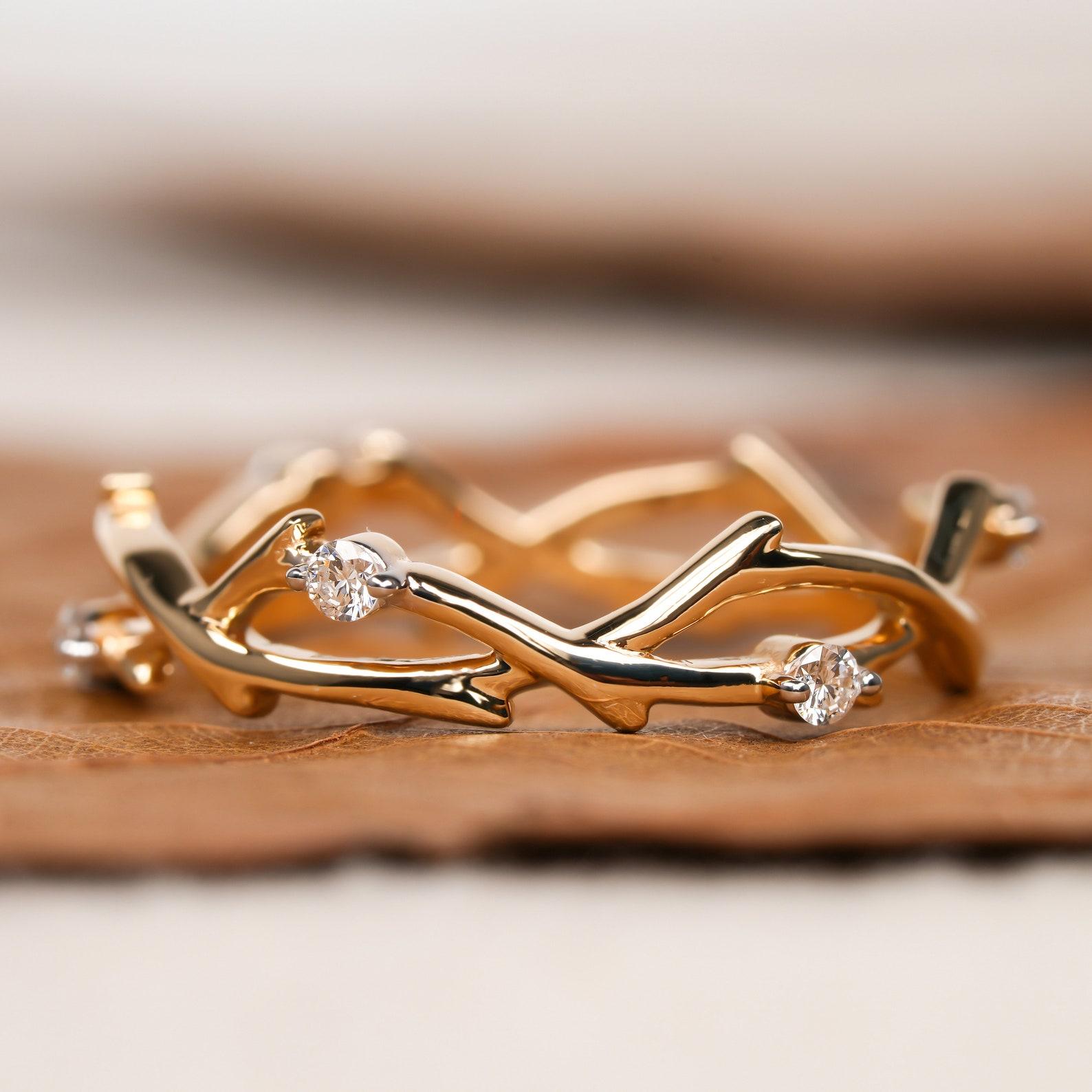 Natural Diamond Wedding Band 14k Gold Minimalist Twig Engagement Ring For Women. For Sale 3