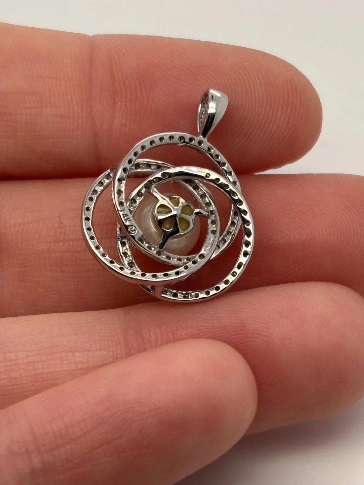 Natural Diamond & White Pearl 14K White Gold 7.20mm Pave Knot Pendant For Sale 1