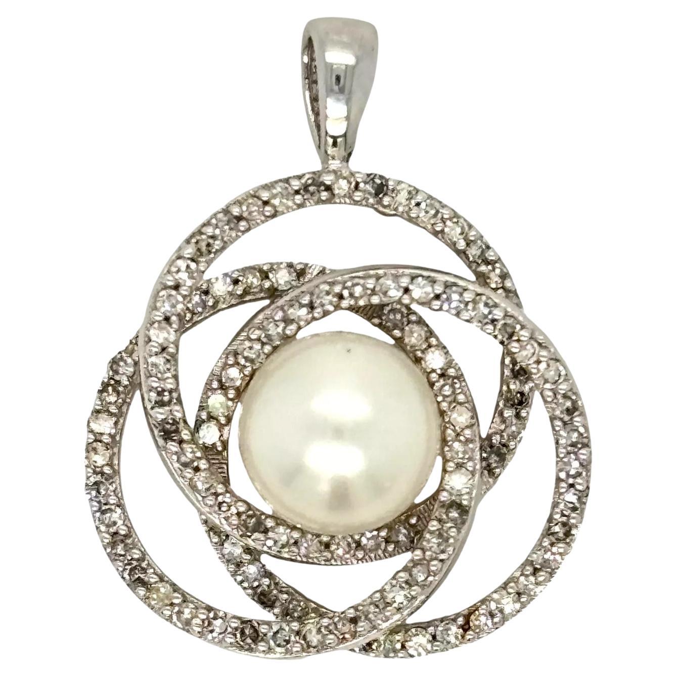 Natural Diamond & White Pearl 14K White Gold 7.20mm Pave Knot Pendant For Sale