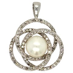 Natural Diamond & White Pearl 14K White Gold 7.20mm Pave Knot Pendant