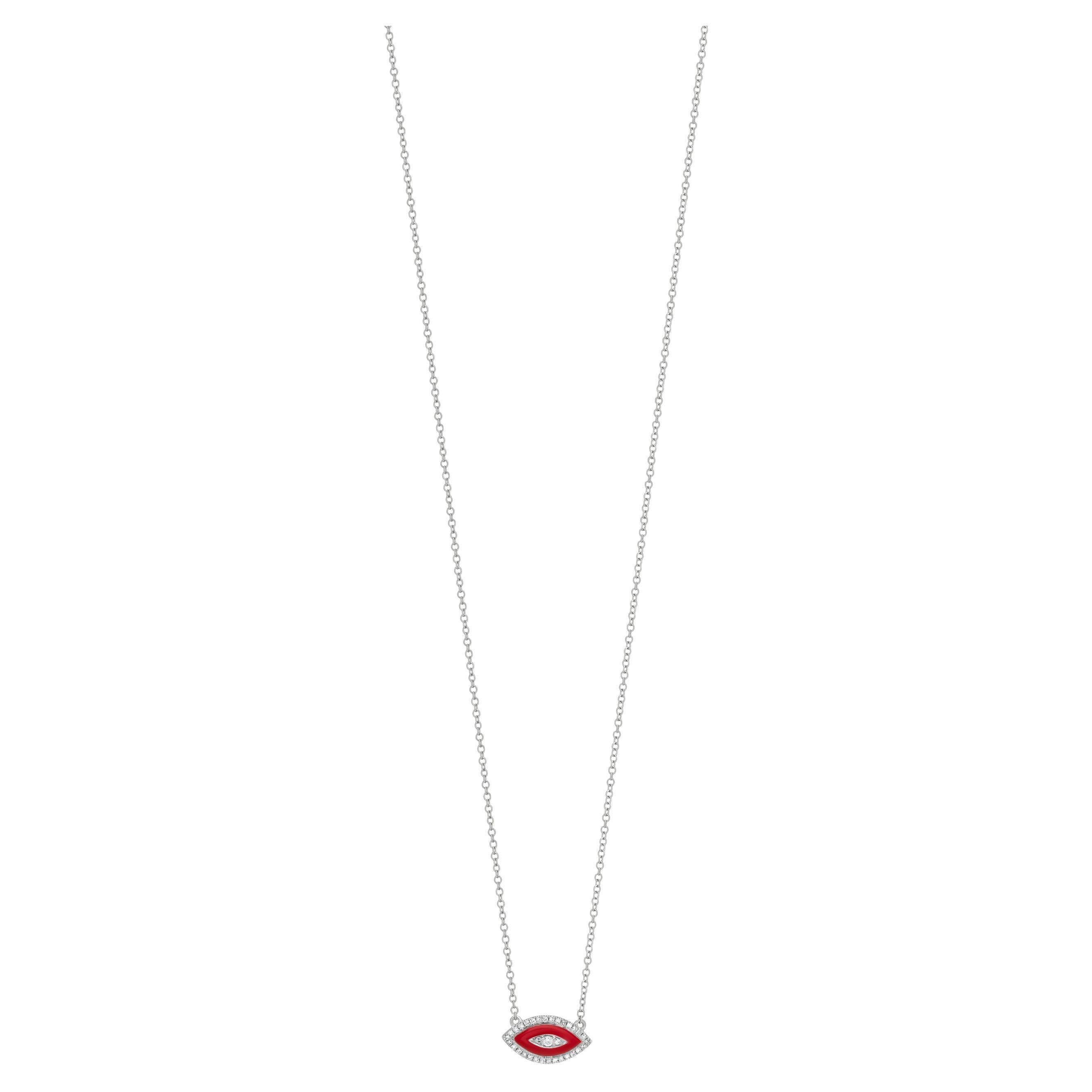 Taglio rotondo Collana con diamanti naturali e smalto rosso da .10 cttw in oro bianco 18k, 15