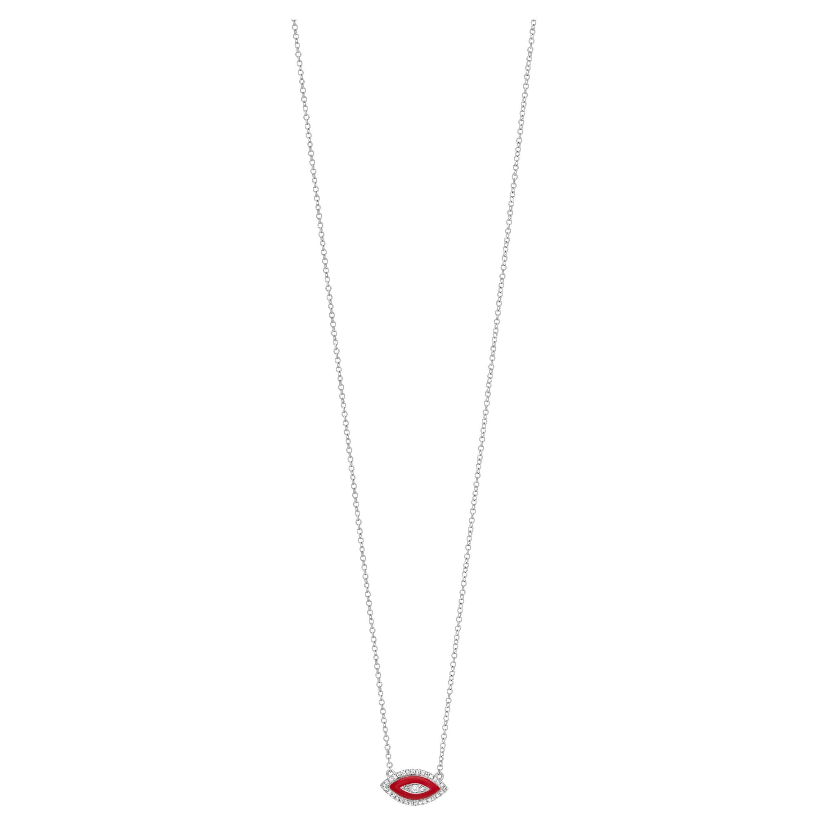 .10 Cttw Natural Diamond/Red Enamel Eye Necklace in 18k White Gold, 15"