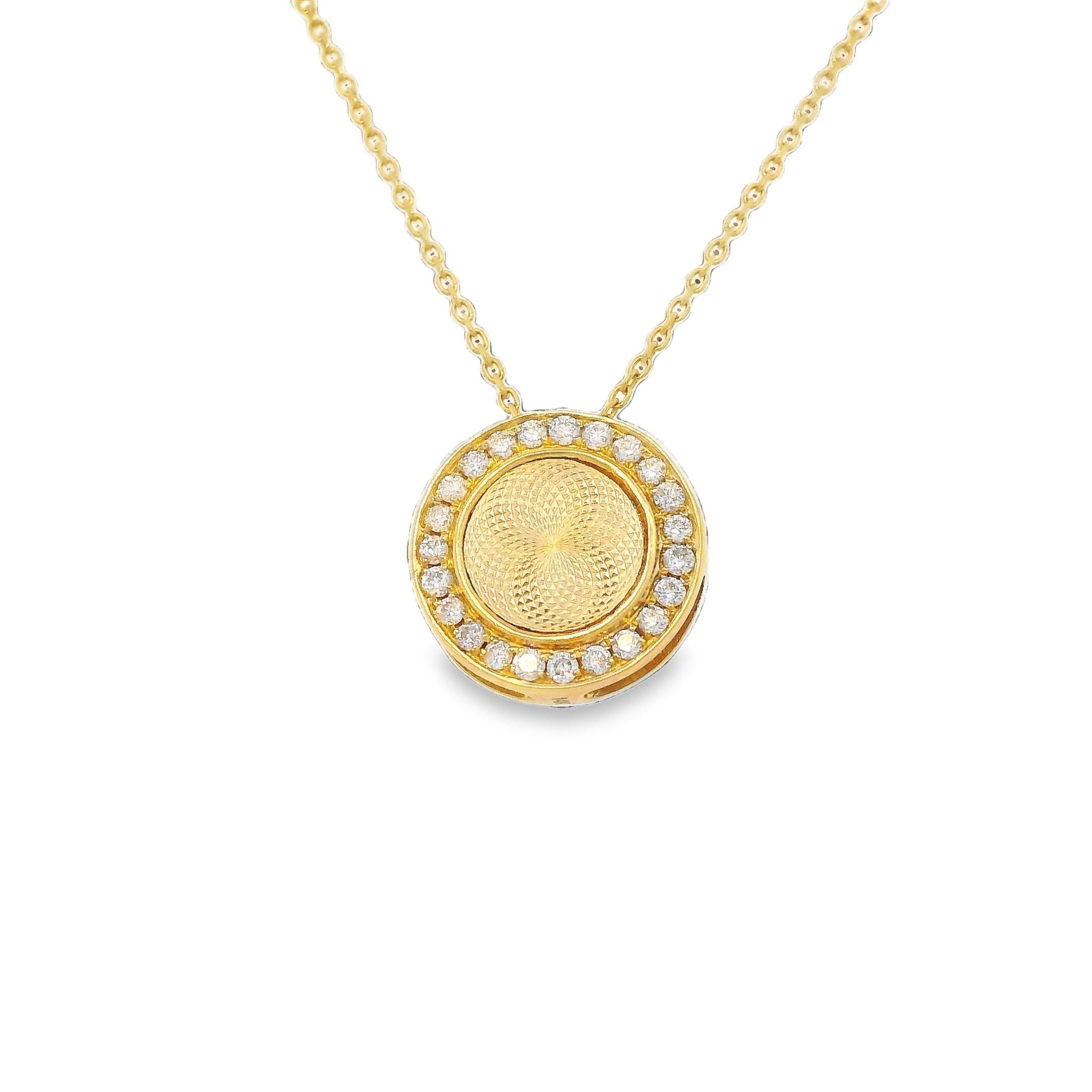 Pretty petit natural diamond round pendant necklace. By Alexander Beverly Hills.
23 round diamonds, 0.10ct carats total. Approximately G/H color and SI clarity. 14k yellow gold, 1.77 grams, 18.5 inches.
Accommodated with an up-to-date digital
