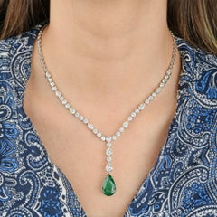 Spectrum 6ct Zambian Emerald & 9.61ct Diamond Teardrop Pendant Necklace