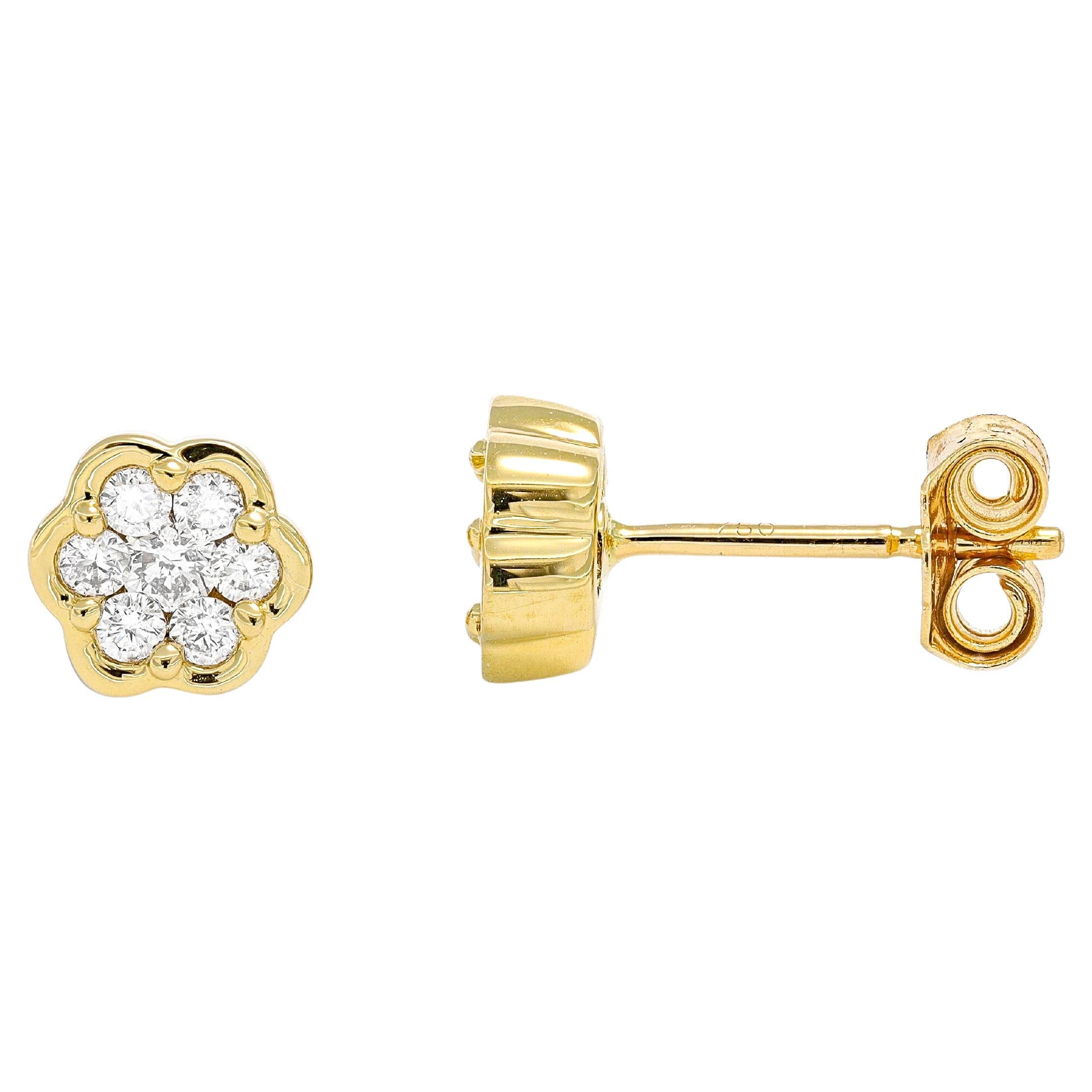 Natural Diamonds 0.26 cts in 18 Karat Yellow  Gold Flower Cluster Stud Earrings