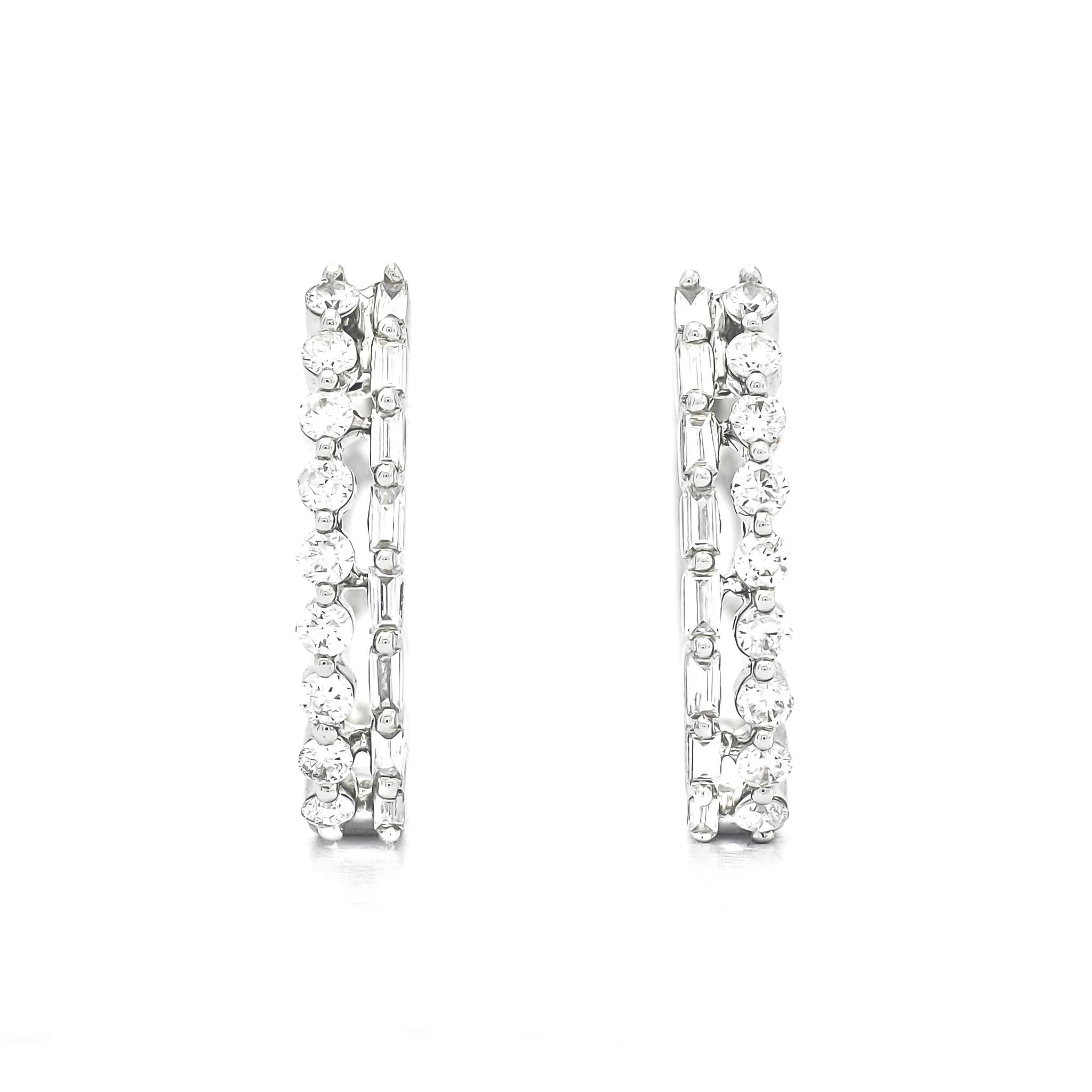 Baguette Cut Natural Diamonds 0.62 cts 18 Karat White Gold Petite Hoop Earrings E074197 For Sale