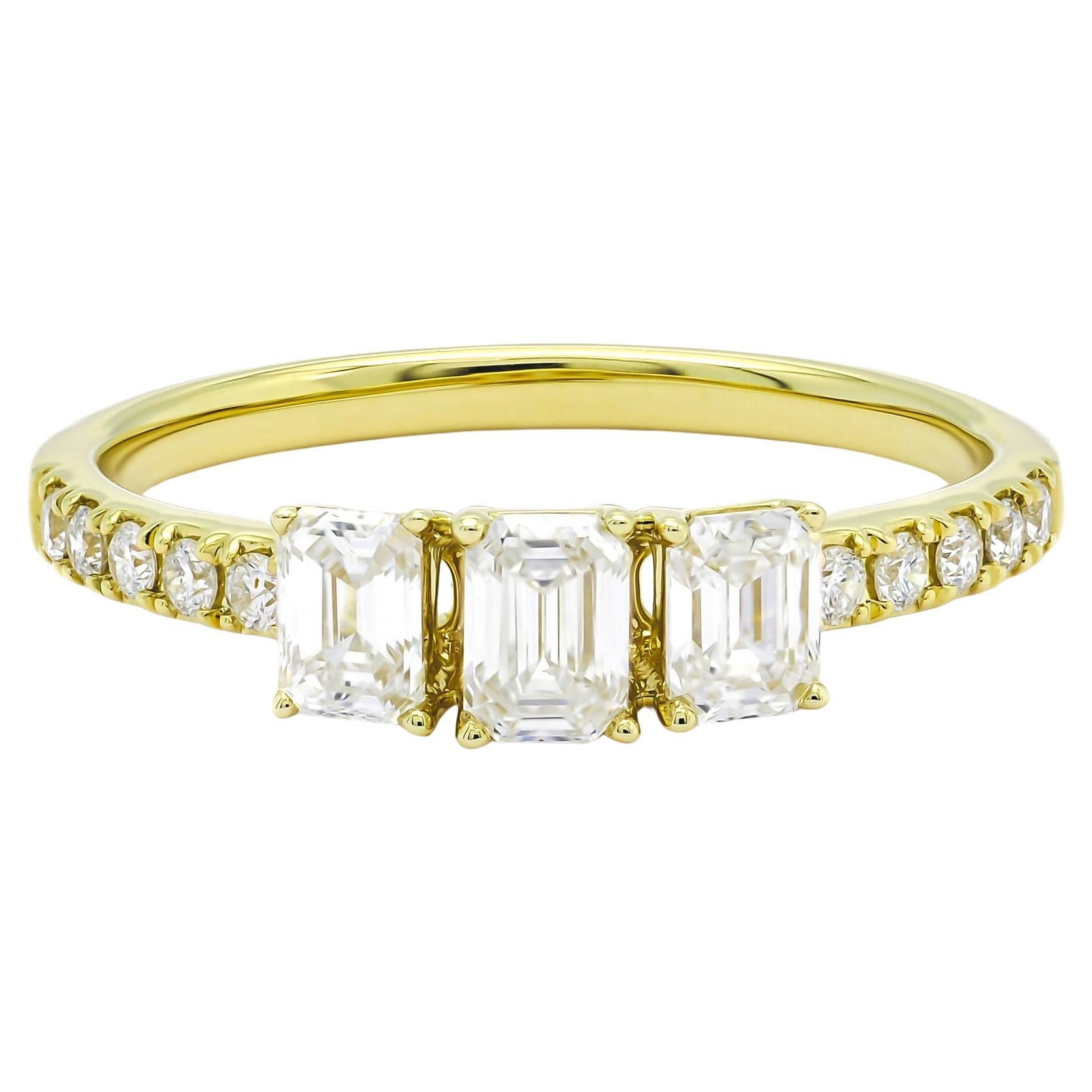 Natural Diamonds  0.76 CT 18KT Yellow Gold Emerald Cut Trilogy Promise Ring