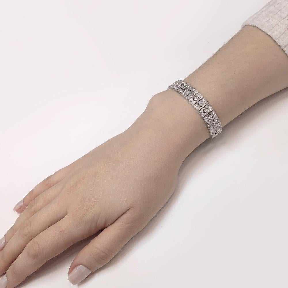 Retro / vintage inspired elegantly slim platinum 950 bracelet.
Radiant cut white round natural diamonds 10.63 ct.
Diamonds in G-H Color Clarity VS. 
Length: 18 cm
Width: 1.1 cm
Weight: 37.6 g